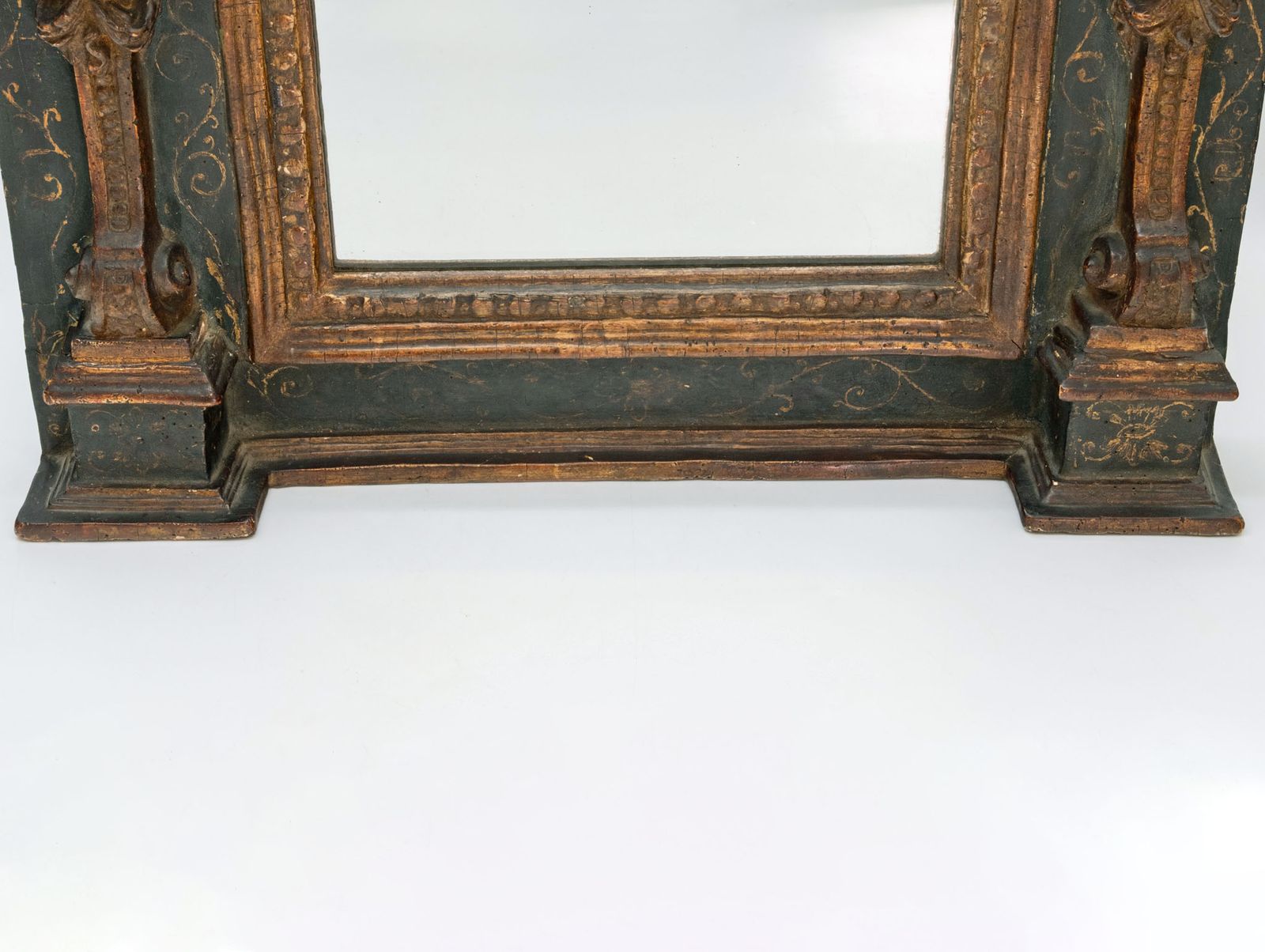 18th Century Italian Giltwood & Prussian Blue Painted Wall Mirror With Caryatid Side Columns photo vintage