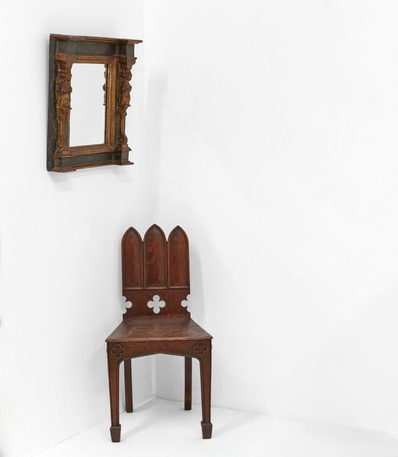 2650.0 18th Century Italian Giltwood & Prussian Blue Painted Wall Mirror With Caryatid Side Columns photo