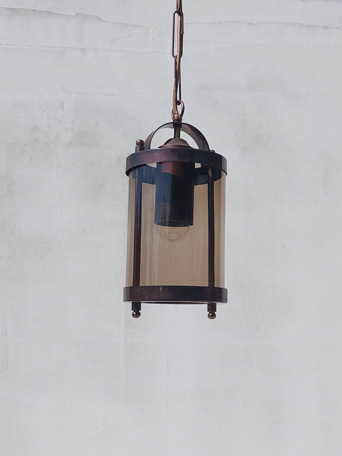 Vintage Chandelier, Brutalist Chandelier, Mid Century Pendant Lamp, Vintage Pendant Lamp, Copper Smoked Glass, 70's