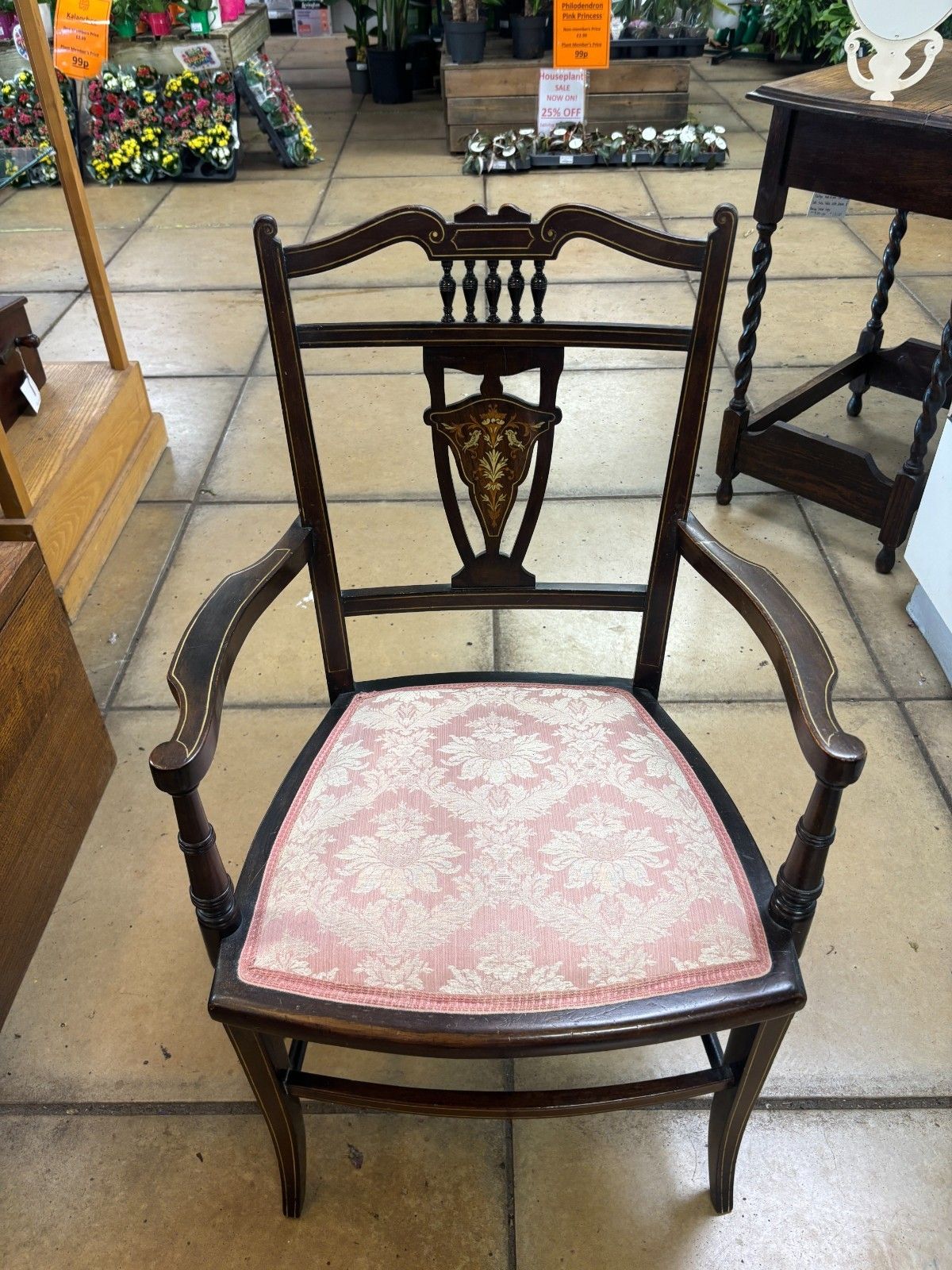 Antique Victorian Mahogany Bedroom Chair With Marquetry & Reupholstered Base