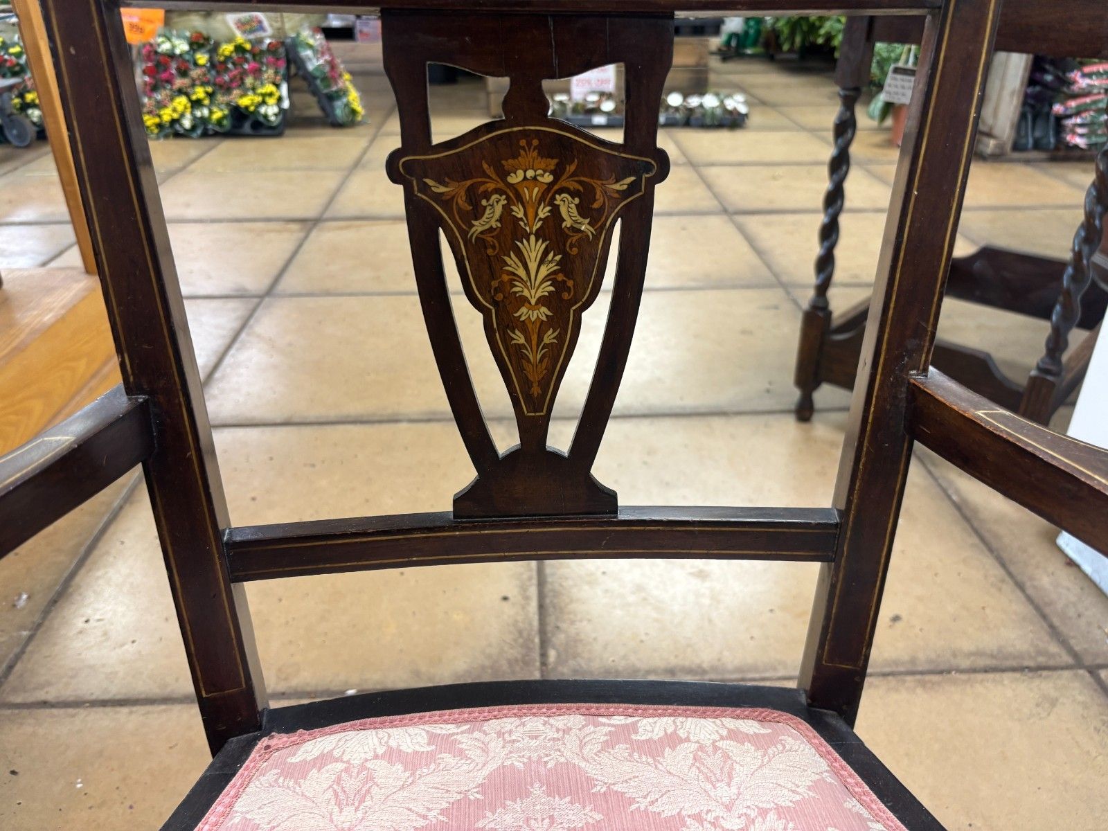Antique Victorian Mahogany Bedroom Chair With Marquetry & Reupholstered Base photo for sale