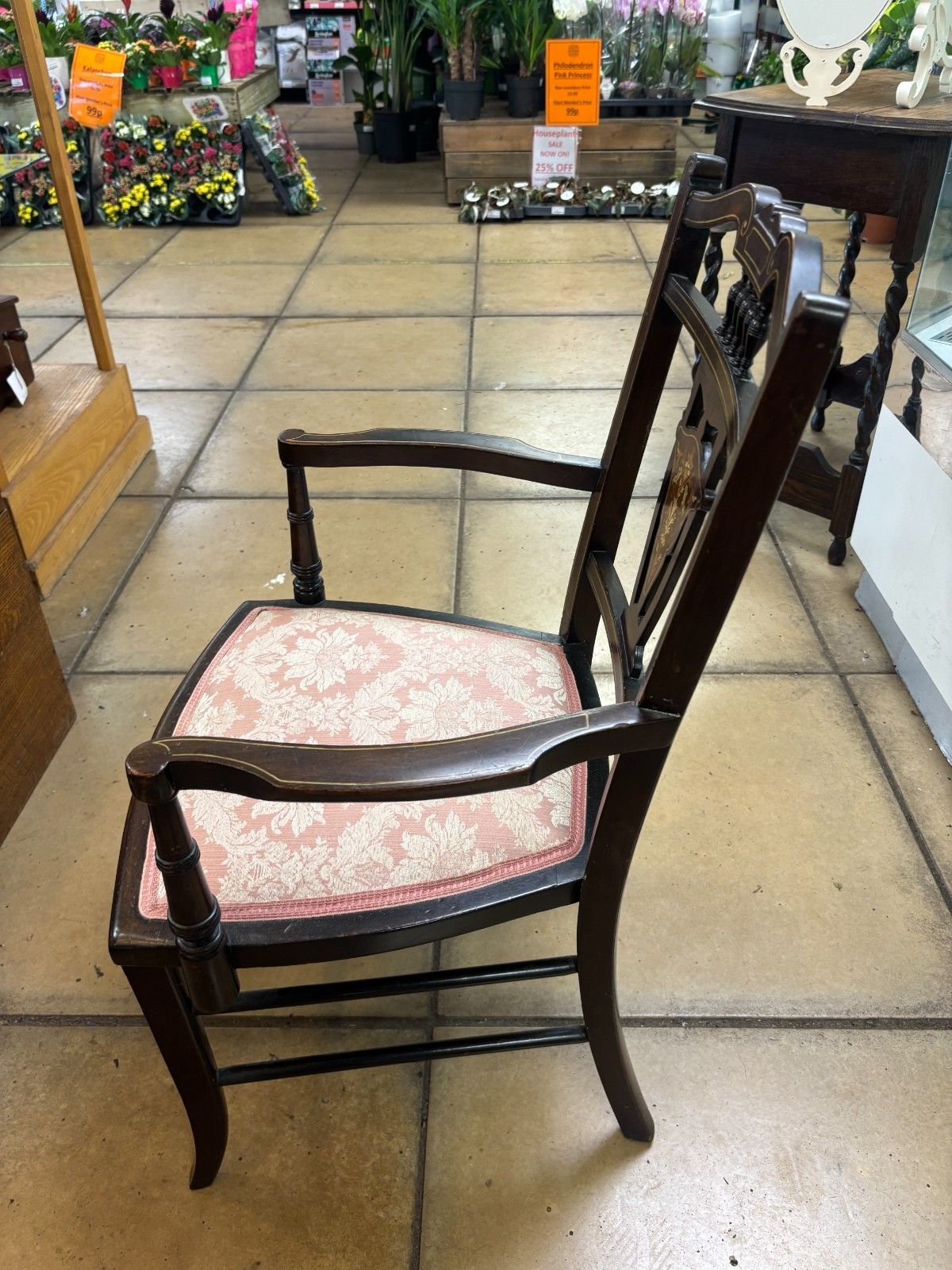 Antique Victorian Mahogany Bedroom Chair With Marquetry & Reupholstered Base photo vintage