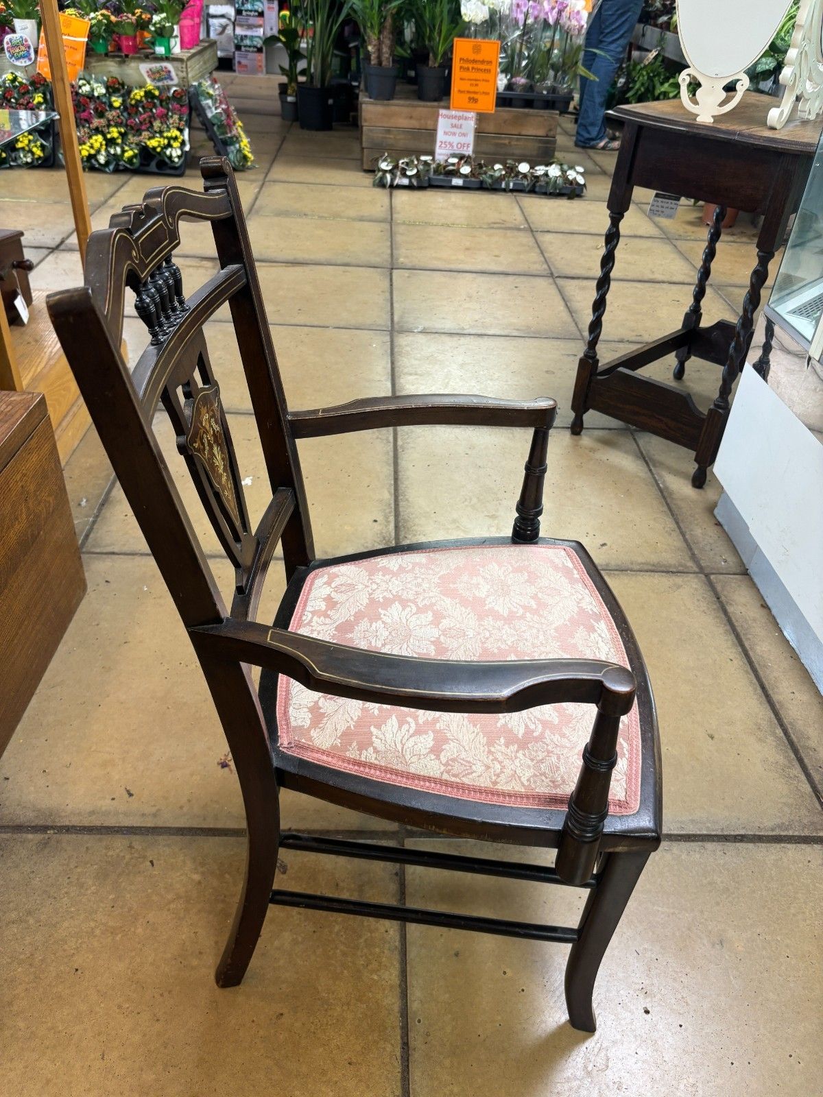 95.0 Antique Victorian Mahogany Bedroom Chair With Marquetry & Reupholstered Base photo