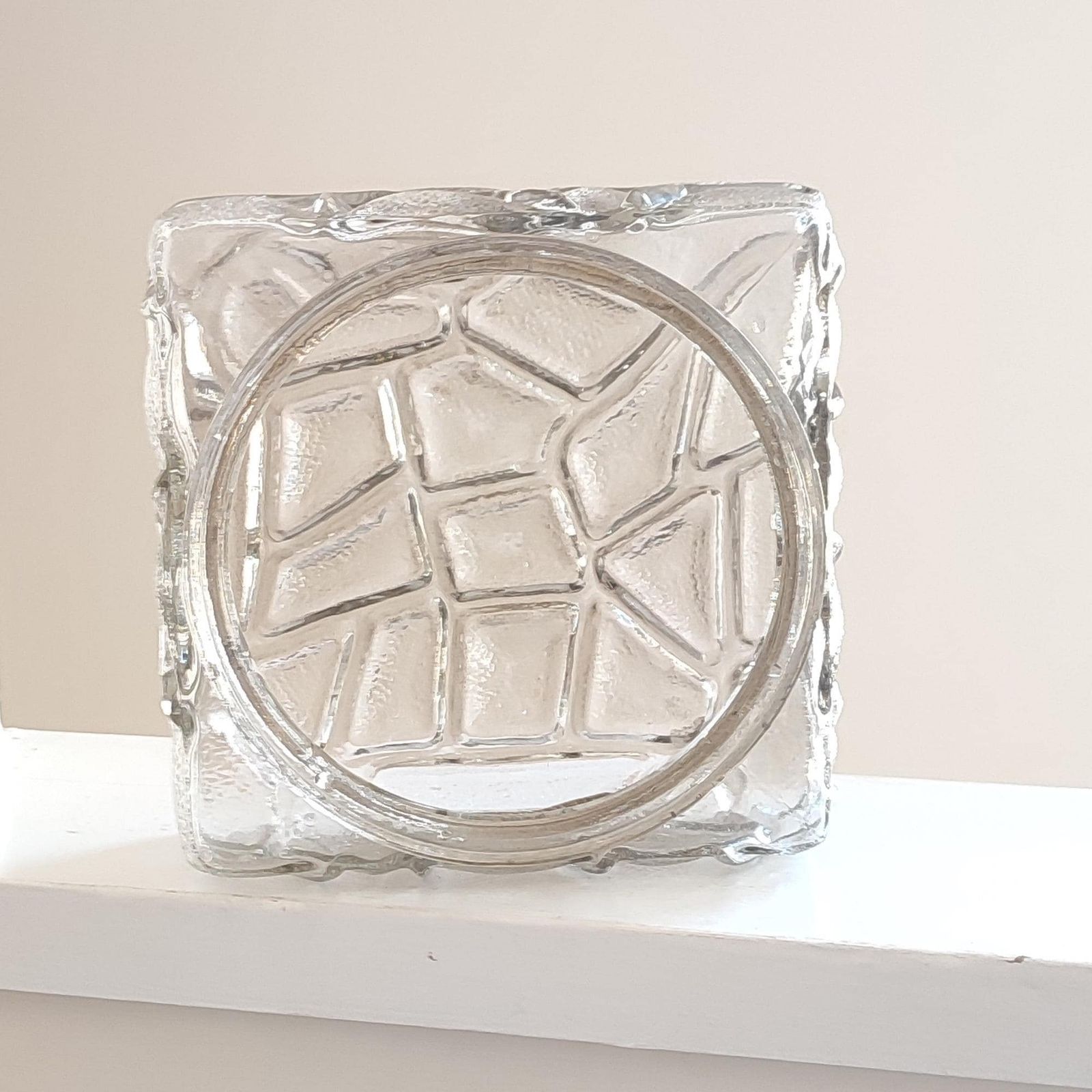 Mid Century Vintage Ice Glass Wall Sconce / Ceiling Light   Square Textured Brutalist Flush Mount Czech Style Lighting Shade Retro Lighting photo vintage