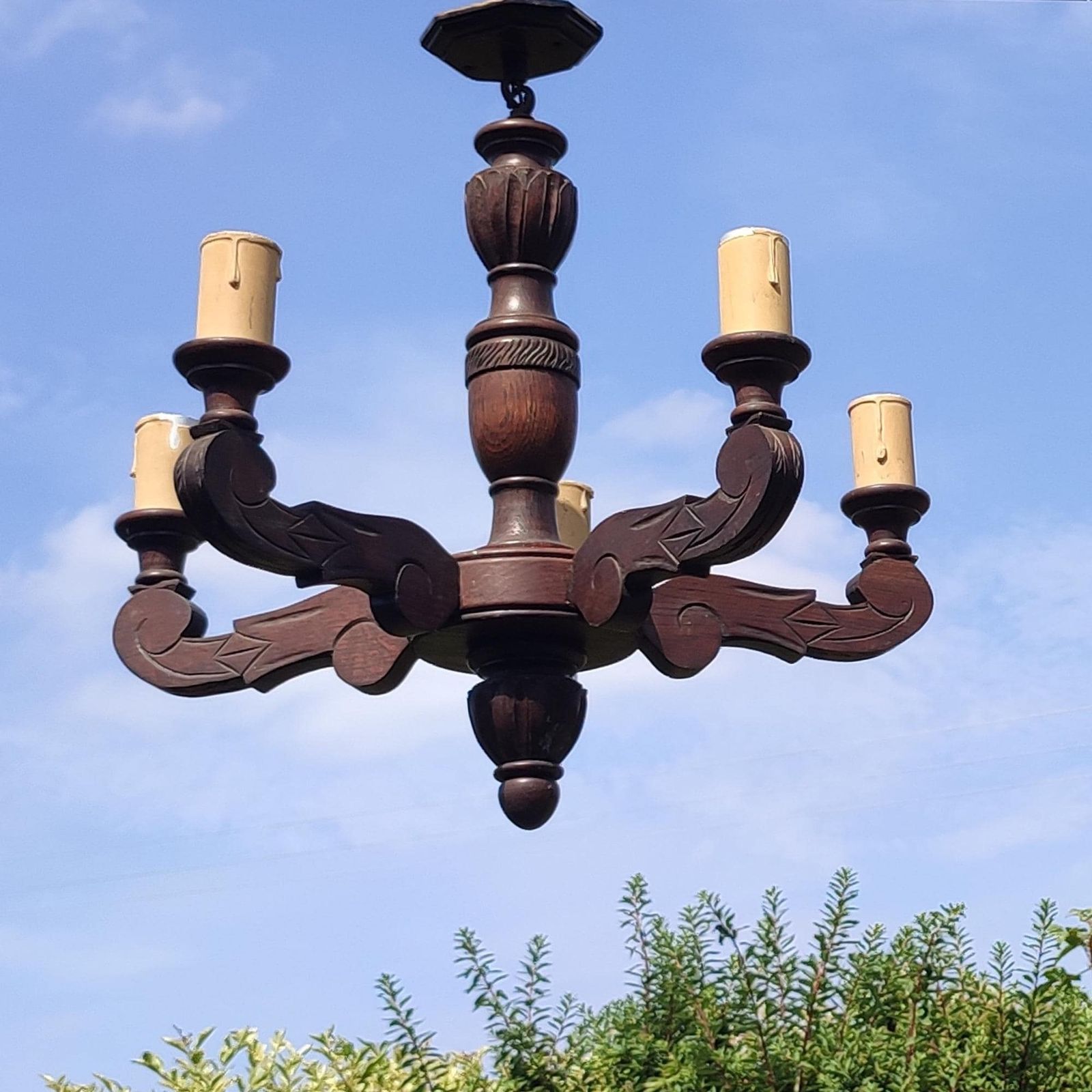 Mid Century Vintage Electric Oak Chandelier Five Arm Branch W/ Candle Style Fittings Ornate Wooden Lighting photo furniture