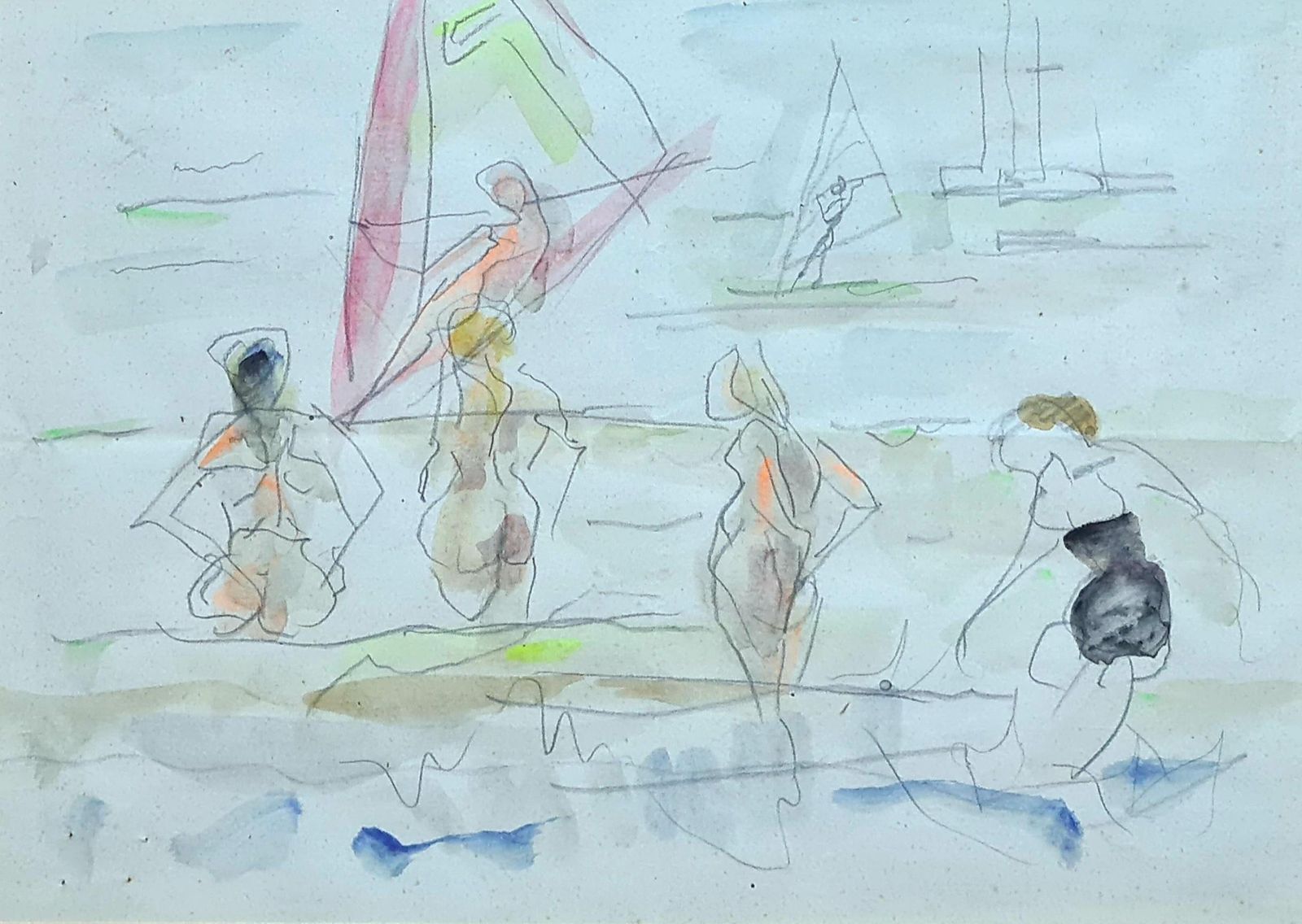 Windsurfing With An Audience, Day At The Beach, Attributed To Raymond Moretti