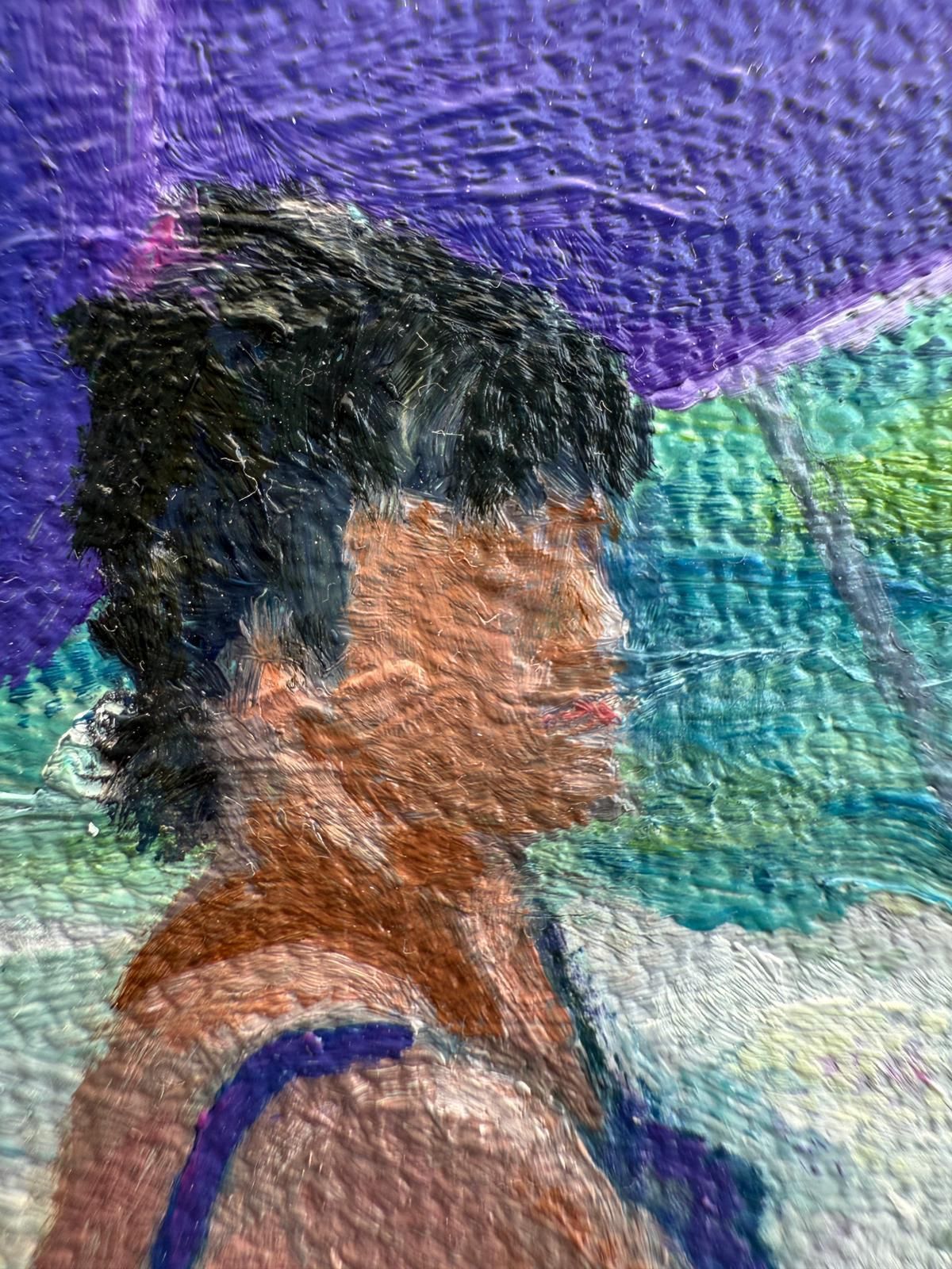 Bernadette Van Baarsen Turquoise & White Provençal Beach Scene In Oil On Canvas. 'Dame En Violet'.2025 photo for sale