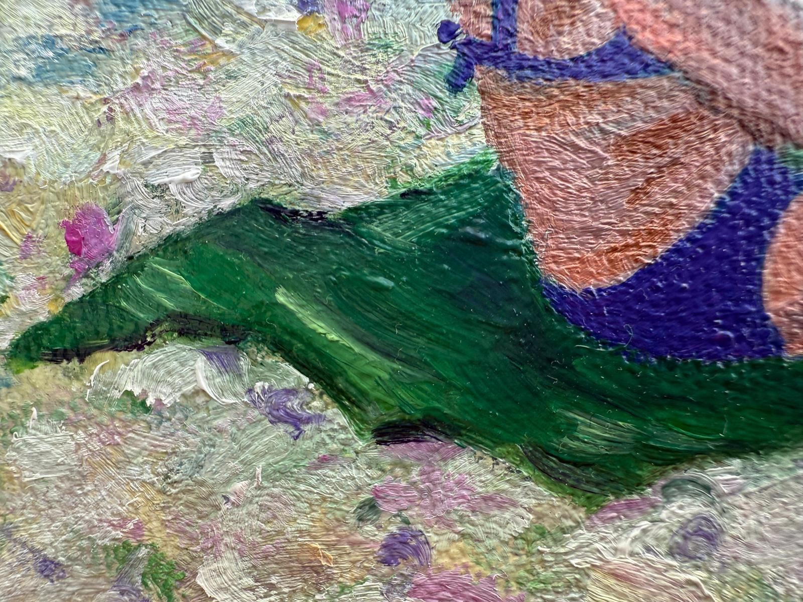 Bernadette Van Baarsen Turquoise & White Provençal Beach Scene In Oil On Canvas. 'Dame En Violet'.2025 photo Art