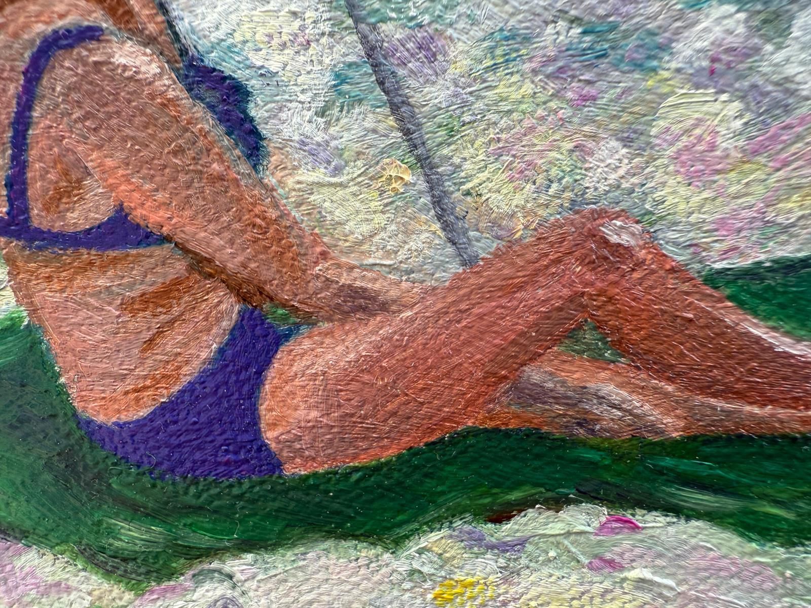 Bernadette Van Baarsen Turquoise & White Provençal Beach Scene In Oil On Canvas. 'Dame En Violet'.2025 photo vinterior