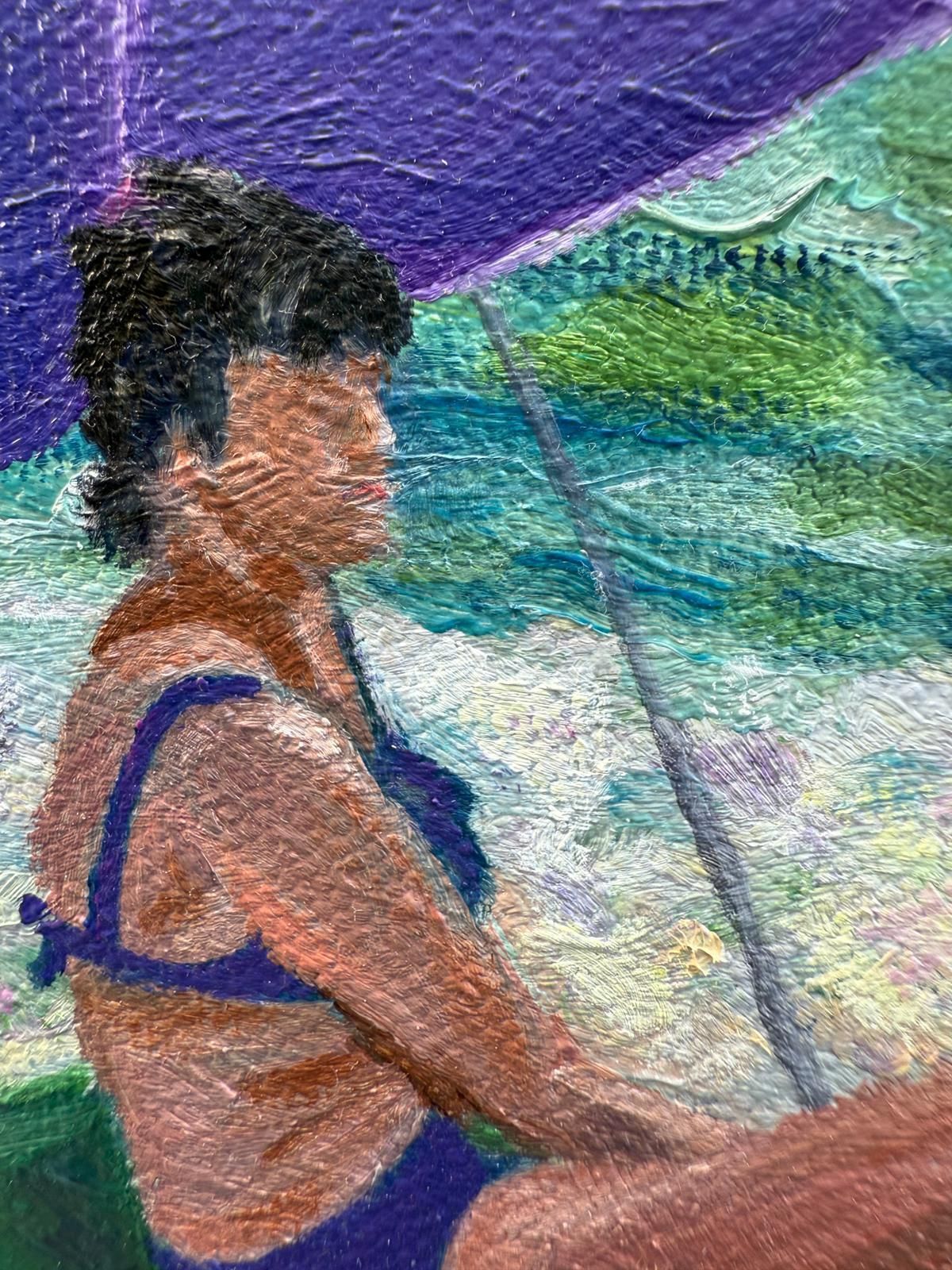 photo furniture Bernadette Van Baarsen Turquoise & White Provençal Beach Scene In Oil On Canvas. 'Dame En Violet'.2025