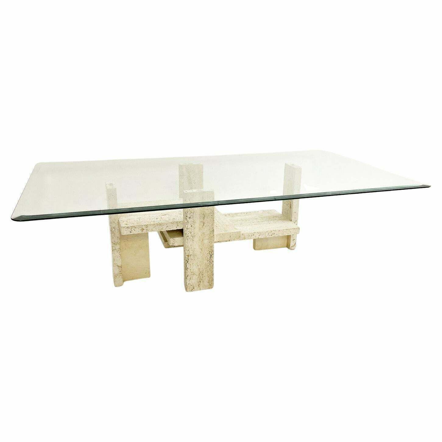 Mid Century Modern Glass And Travertine Coffee Table, Willy Ballez, 1970s