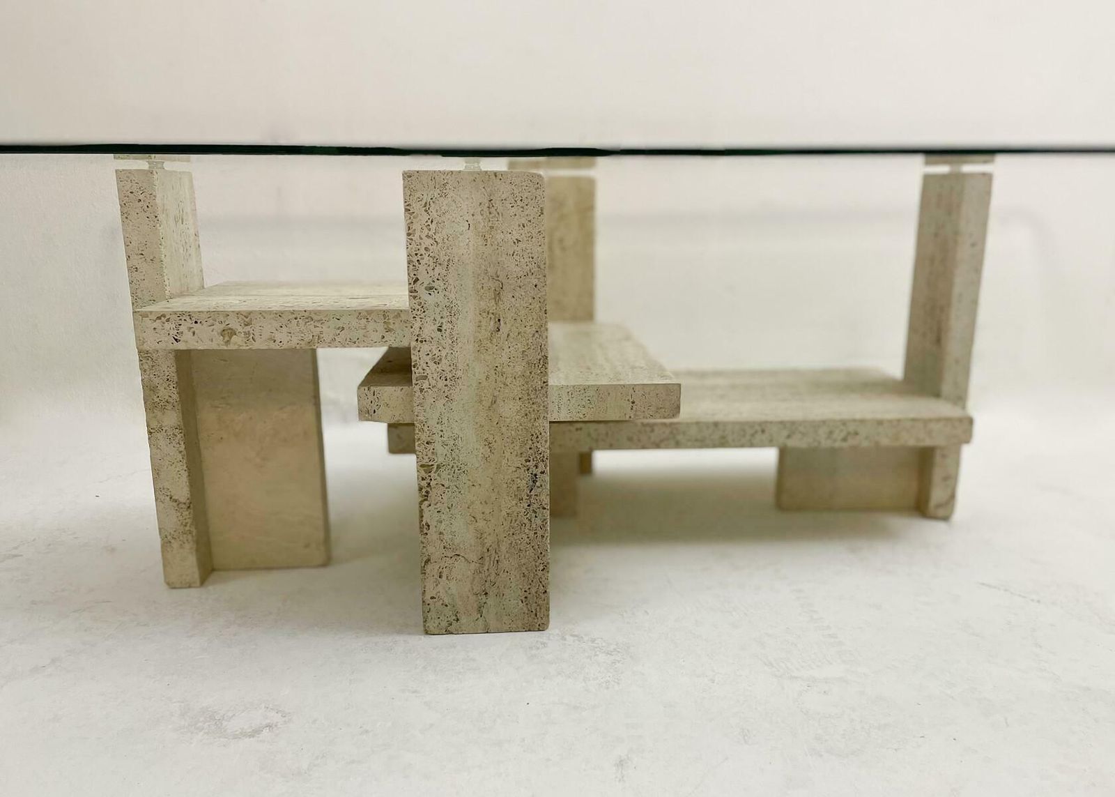 Mid Century Modern Glass And Travertine Coffee Table, Willy Ballez, 1970s photo 2229.0