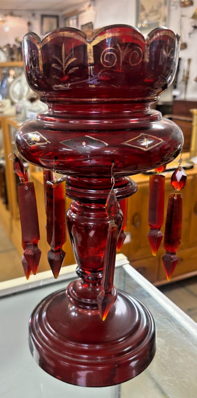Antique Victorian Cranberry Glass Lustre As Found photo furniture