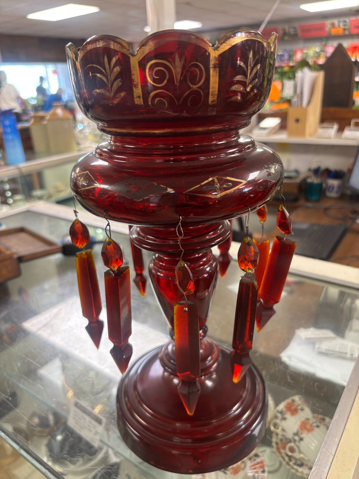 Antique Victorian Cranberry Glass Lustre As Found photo vinterior