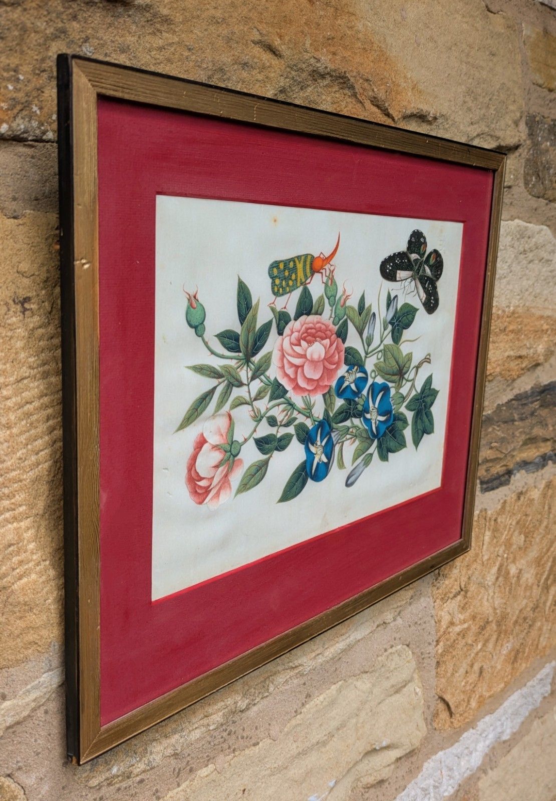 Antique Chinese Watercolour Painting Butterflies & Blossom photo furniture