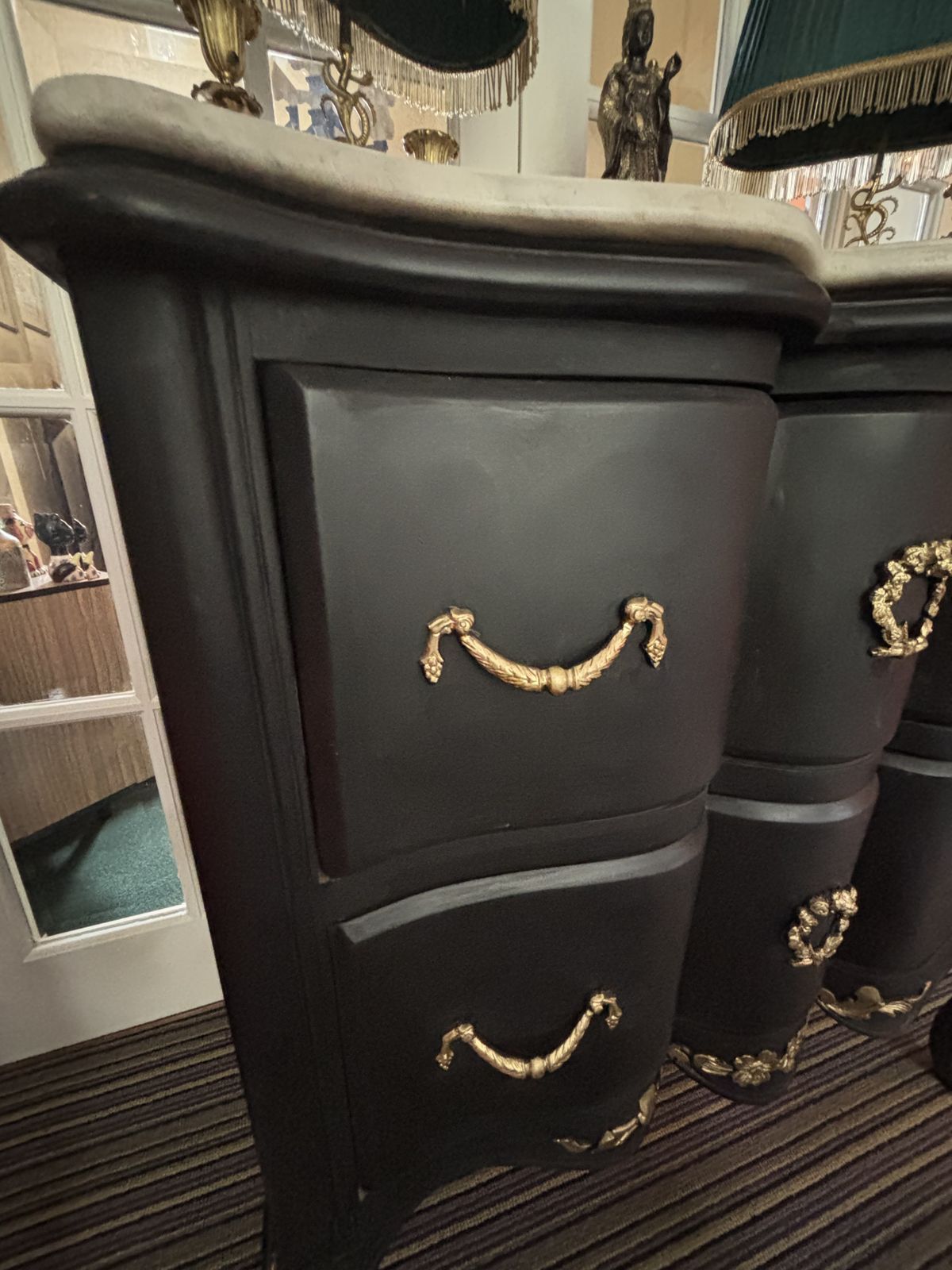 Ebonised Serpentine Fronted French Drawers With Marble Top And Gilt Decorations photo for sale