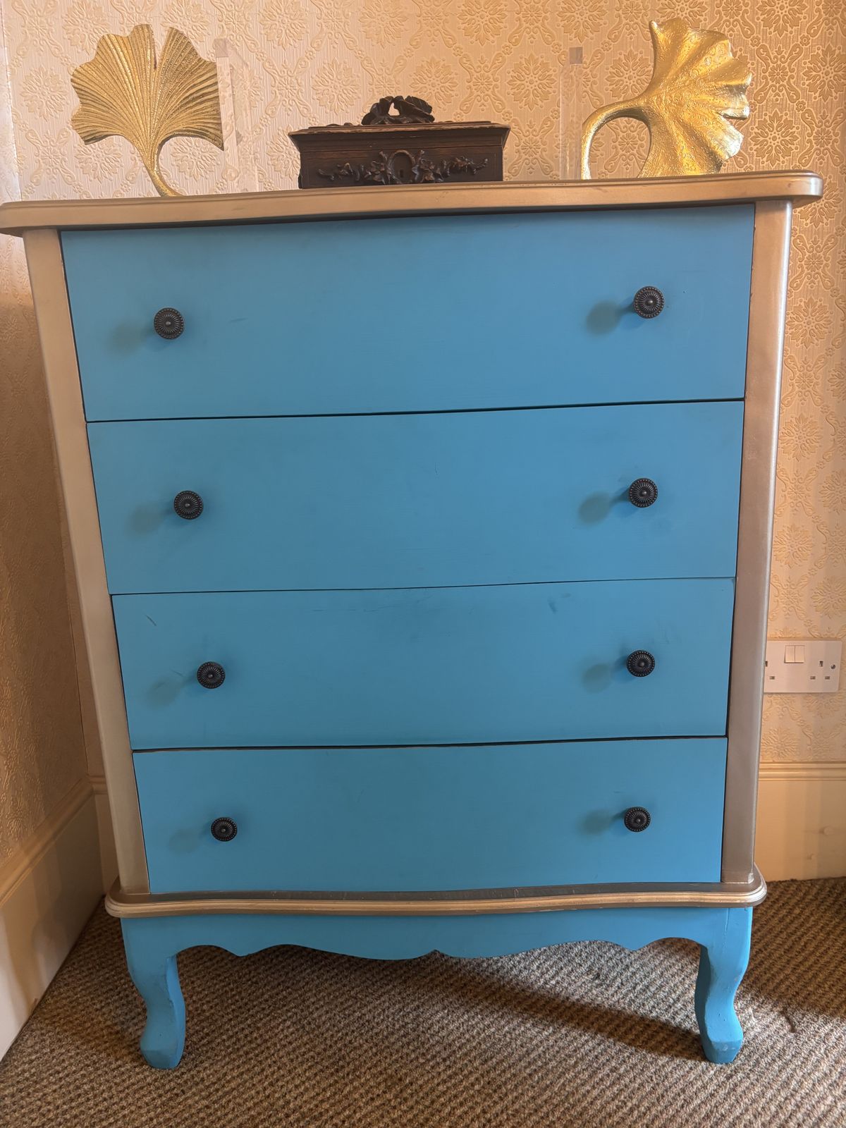 Set Of Turquoise And Bronze Painted Drawers With Metal Handles photo Furniture