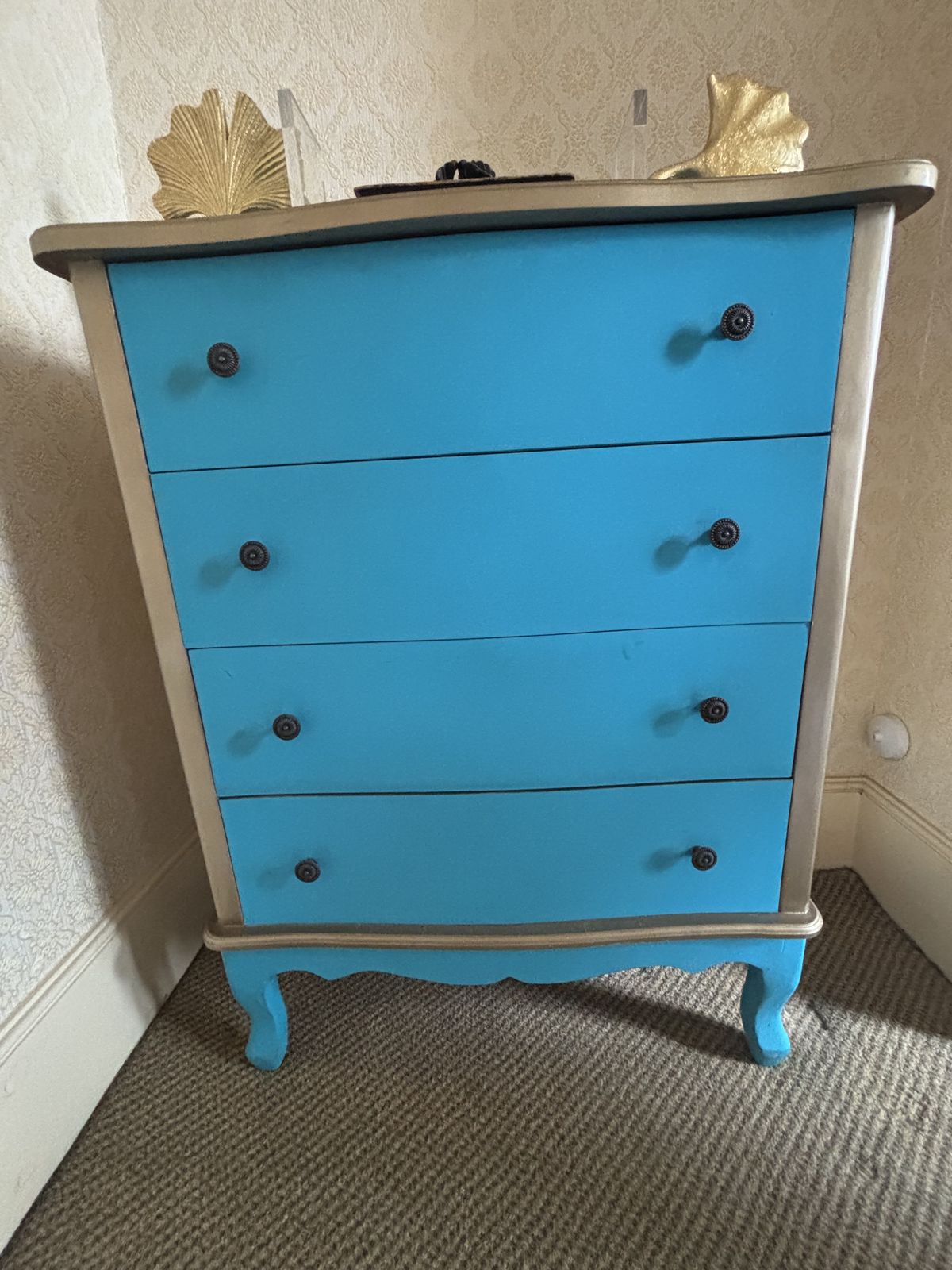 Set Of Turquoise And Bronze Painted Drawers With Metal Handles photo vinterior