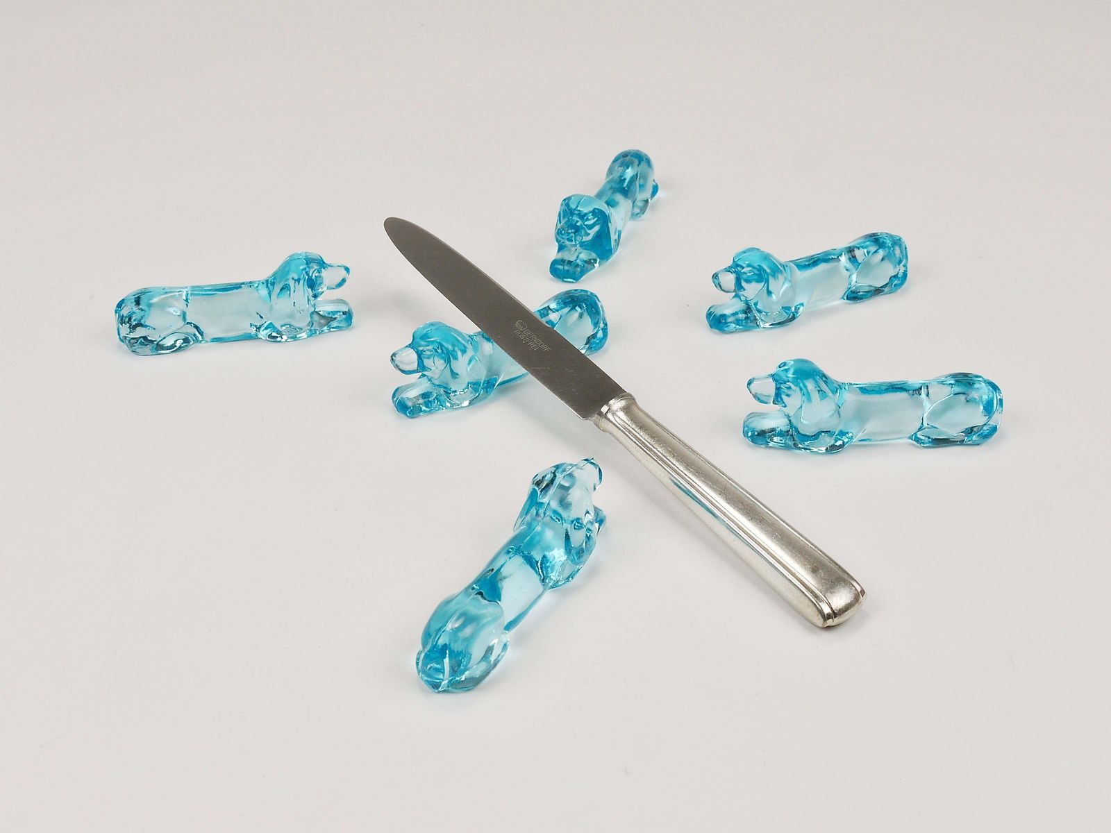 6 French Art Deco Dachshund Basset Hound Knife Rests, Light Blue Glass, 1930s photo 456.0