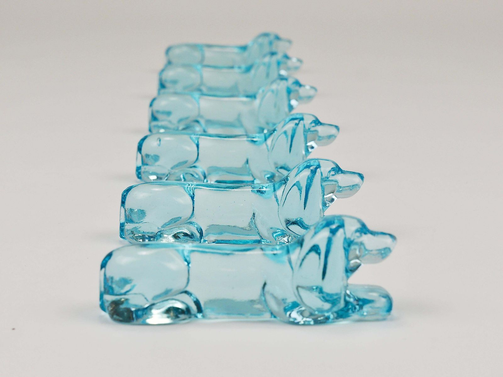 6 French Art Deco Dachshund Basset Hound Knife Rests, Light Blue Glass, 1930s photo buy