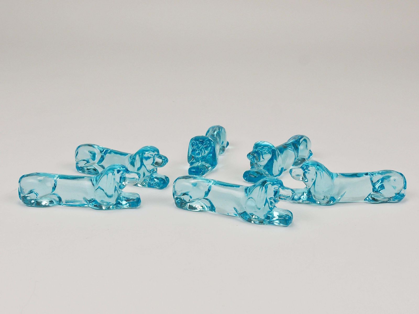photo furniture 6 French Art Deco Dachshund Basset Hound Knife Rests, Light Blue Glass, 1930s