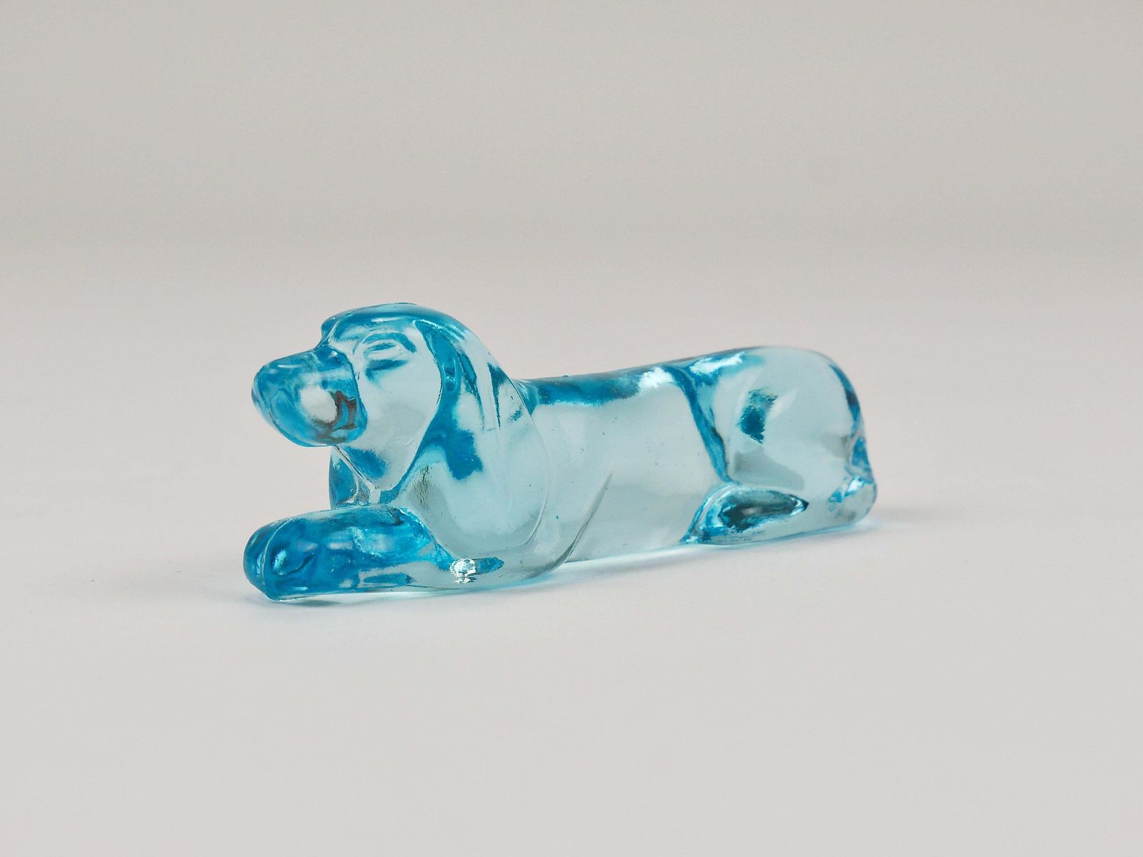 photo for sale 6 French Art Deco Dachshund Basset Hound Knife Rests, Light Blue Glass, 1930s