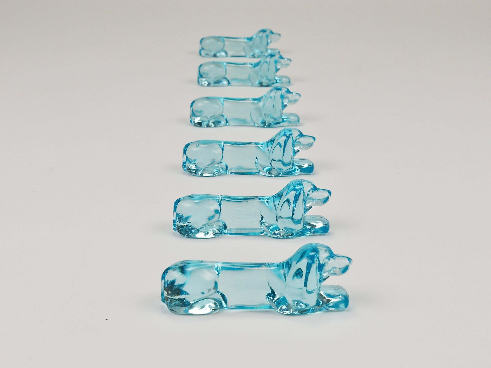 Home Decor 6 French Art Deco Dachshund Basset Hound Knife Rests, Light Blue Glass, 1930s photo