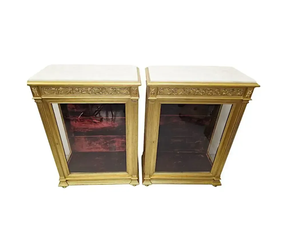 A Very Rare And Unusual 19th Century Pair Of Giltwood Marble Top Pier Cabinets photo Furniture