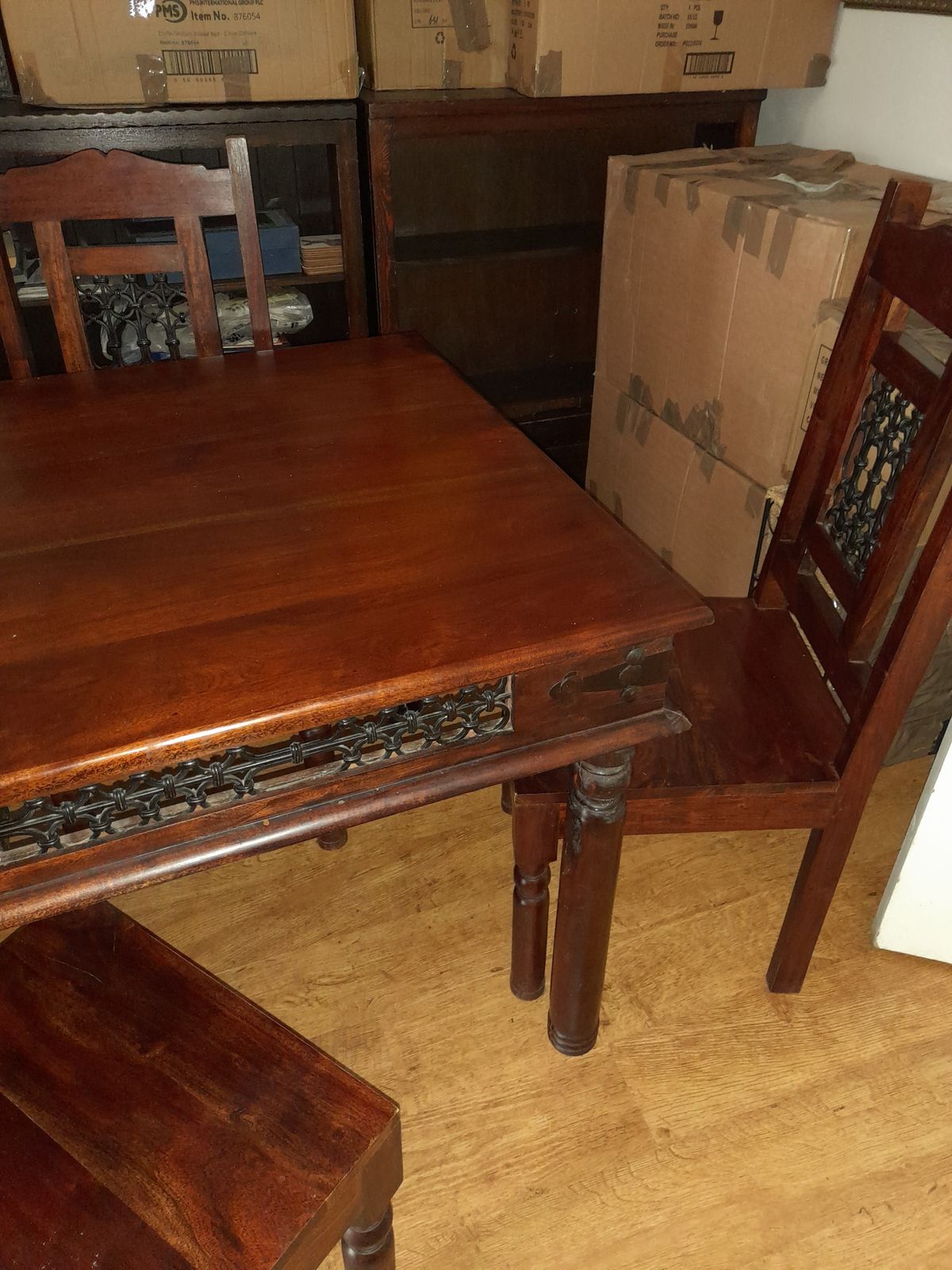 Dark Wood Table And 4 Chairs With Gothic Metal Inlay