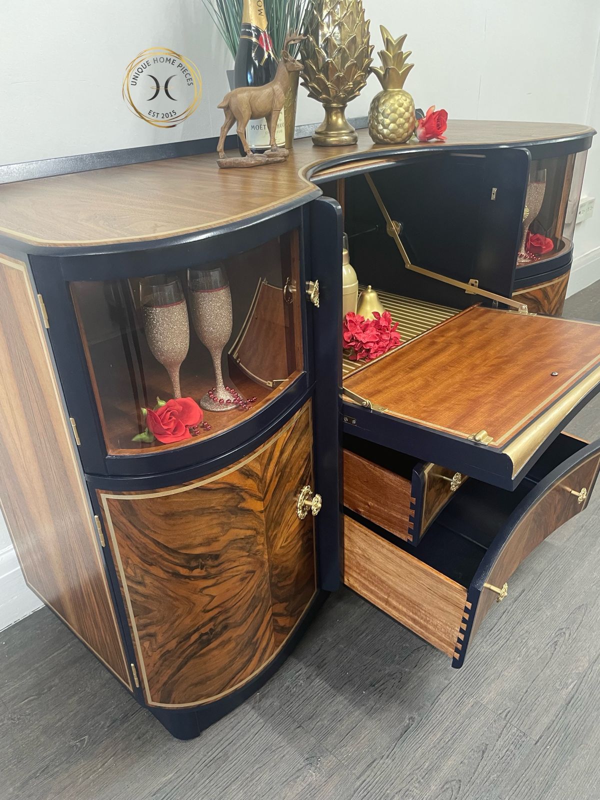 Beautility Navy Blue Gold Walnut 1950s Cocktail Cabinet photo vinterior
