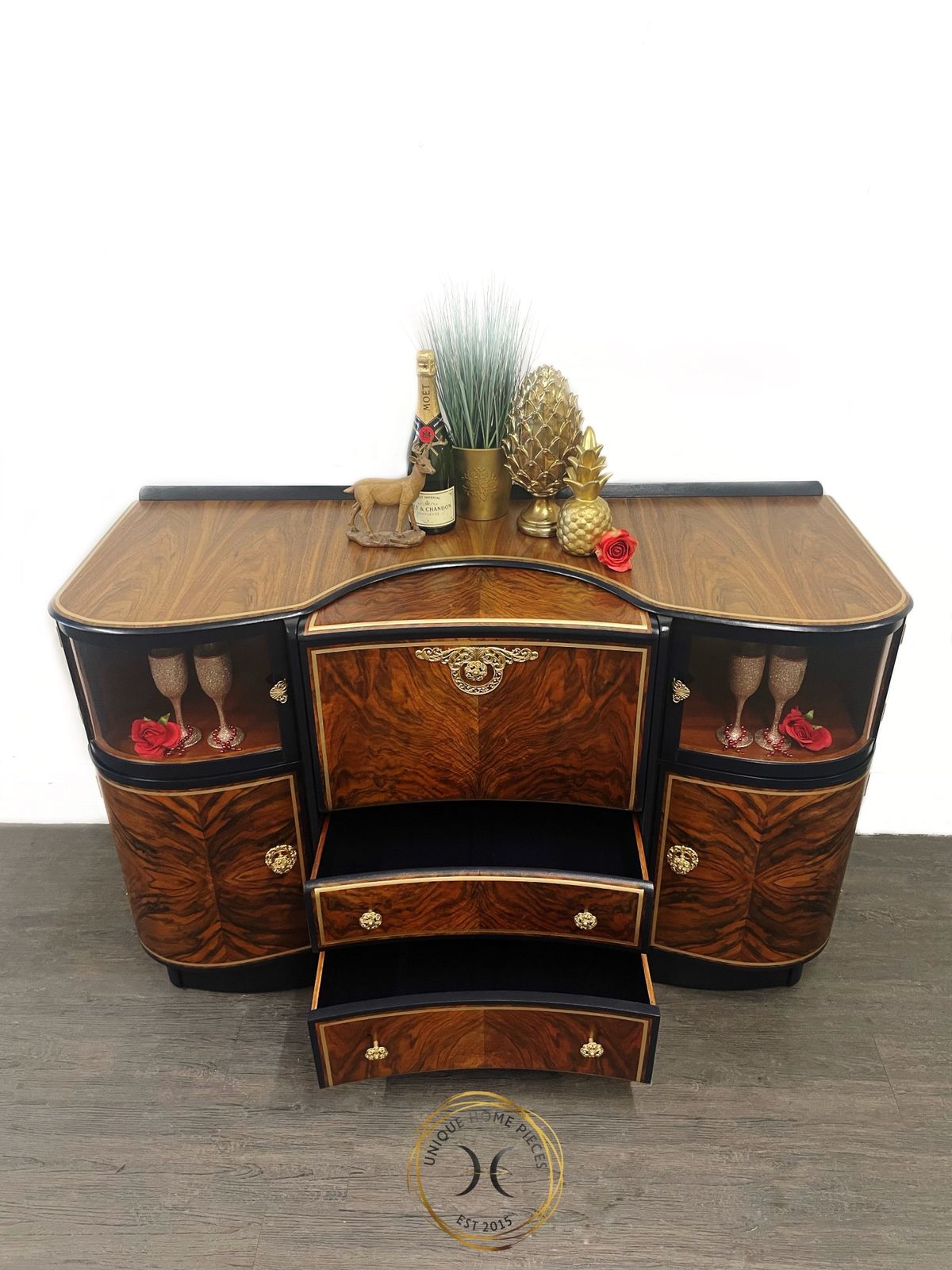 Beautility Navy Blue Gold Walnut 1950s Cocktail Cabinet photo vintage
