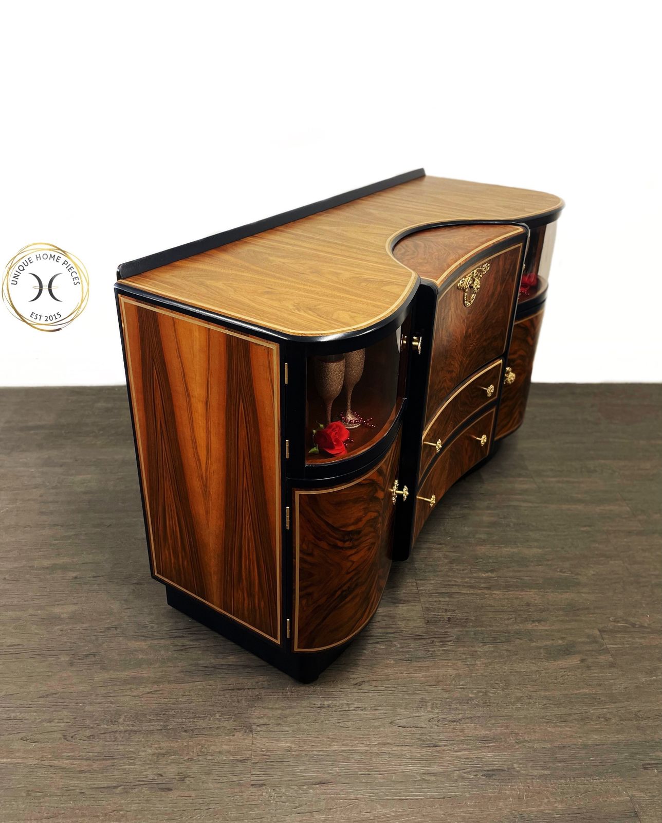 photo furniture Beautility Navy Blue Gold Walnut 1950s Cocktail Cabinet