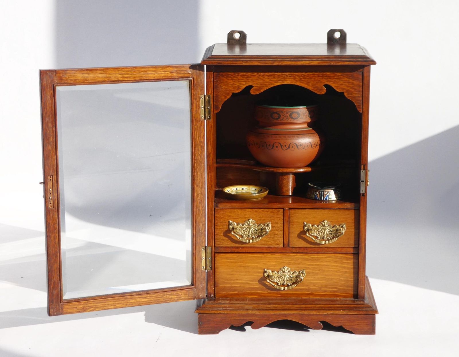 Edwardian Antique Oak Smokers Cabinet, Small Humidor Cabinet With Brass Details And Ceramic Pot With Plates, Wooden Display With Drawers photo Furniture