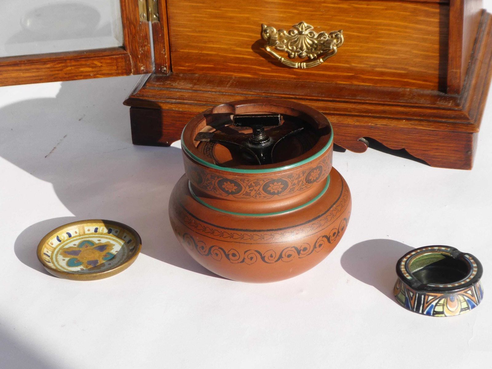 Edwardian Antique Oak Smokers Cabinet, Small Humidor Cabinet With Brass Details And Ceramic Pot With Plates, Wooden Display With Drawers photo 711.0
