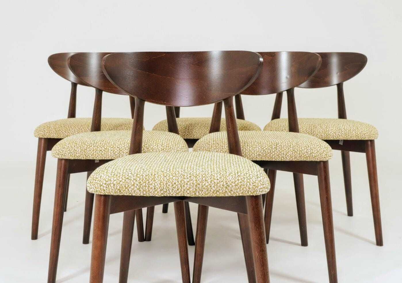 Set Of 6 Dining Chairs, Light Beech Wood, Green Pattern Fabric, Modern Design