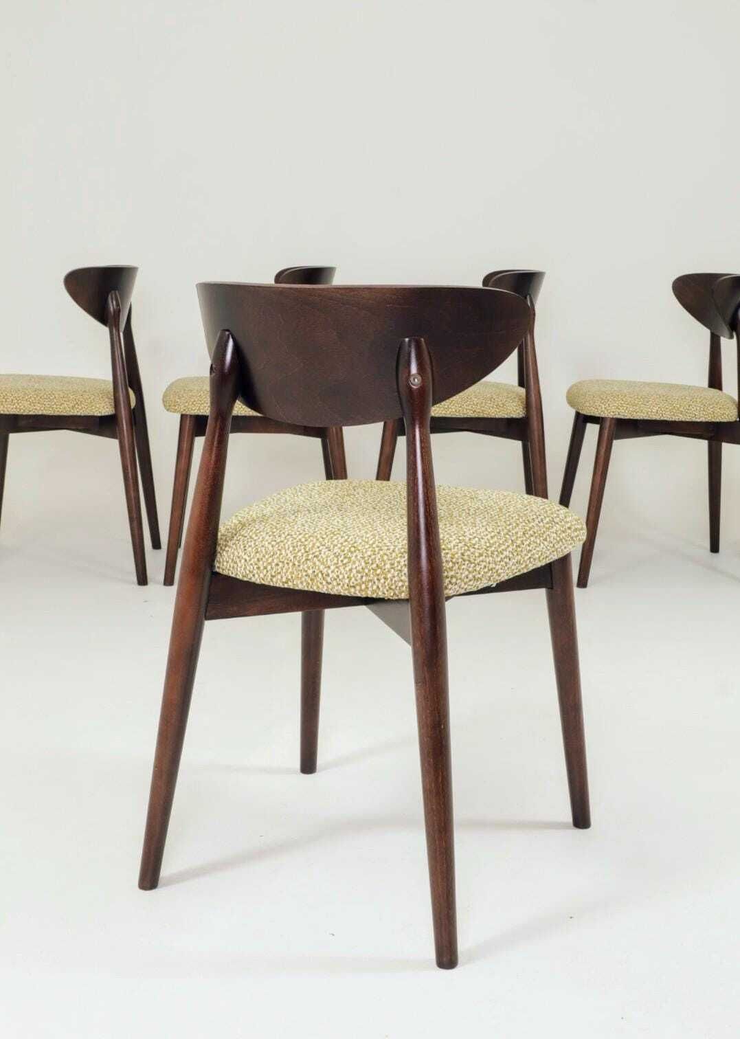 Set Of 6 Dining Chairs, Light Beech Wood, Green Pattern Fabric, Modern Design photo for sale