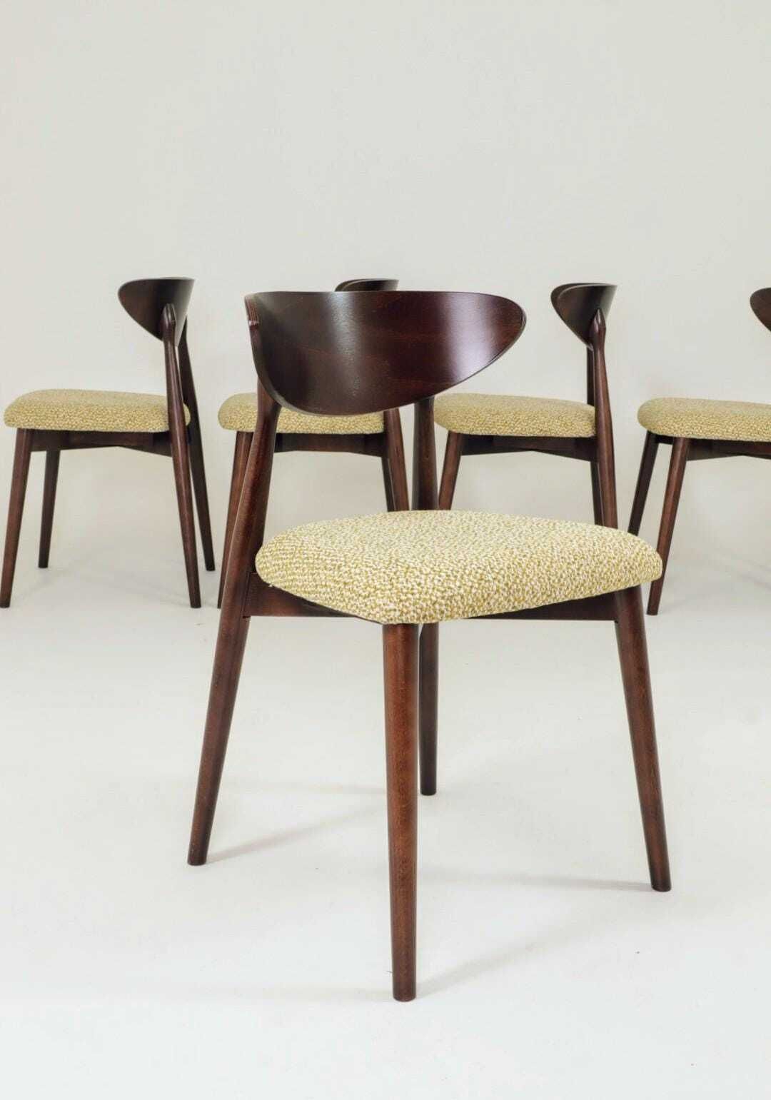 photo furniture Set Of 6 Dining Chairs, Light Beech Wood, Green Pattern Fabric, Modern Design
