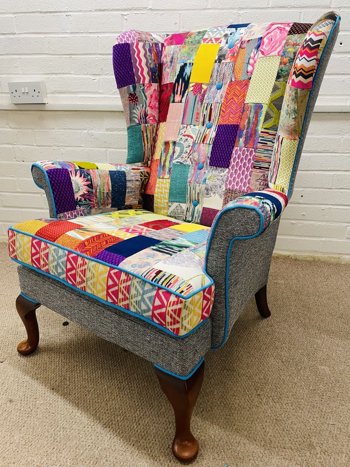 Parker Knoll Wingback Chair Reupholstered In Bright Colours Patchwork Design photo vinterior