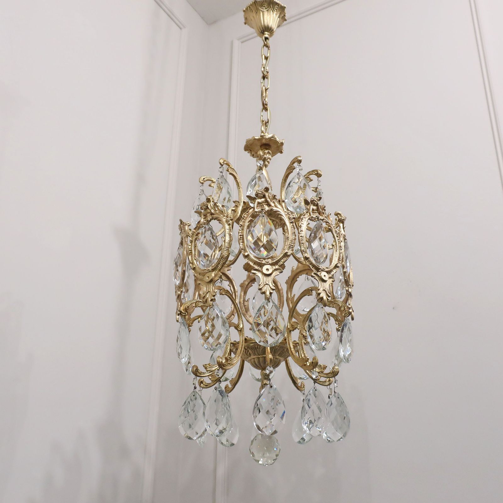 Lighting French Mid Century Brass & Faceted Glass Chandelier photo