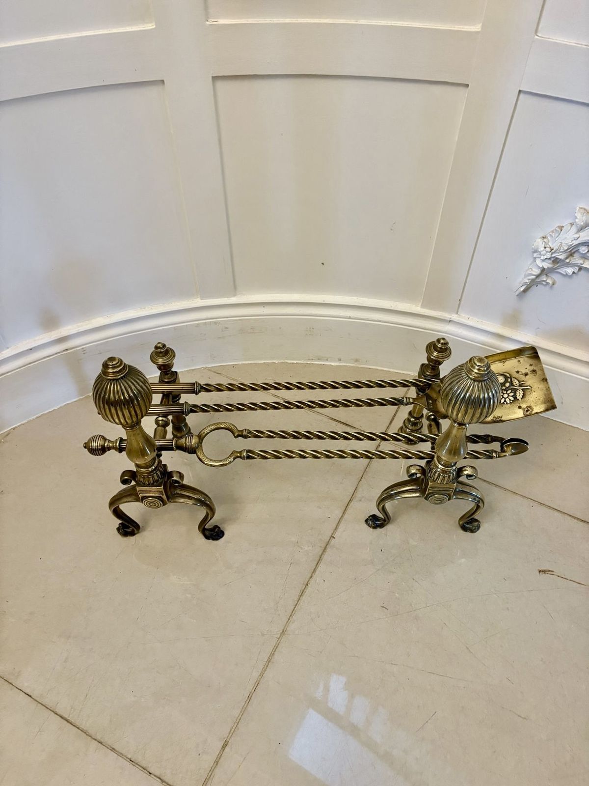 Set Of Quality Antique 19th Century Brass Fire Irons And Dogs
