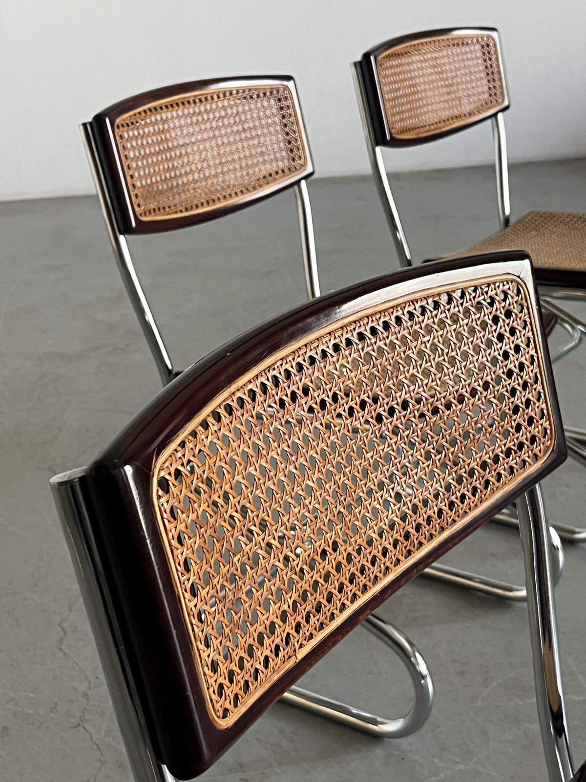 1 Of 3 Vintage Cantilever Dining Chairs In Wood, Wickered Cane And Chrome In The Style Of Marcel Breuer, Mid Century Modern, 1970s Italy photo vintage