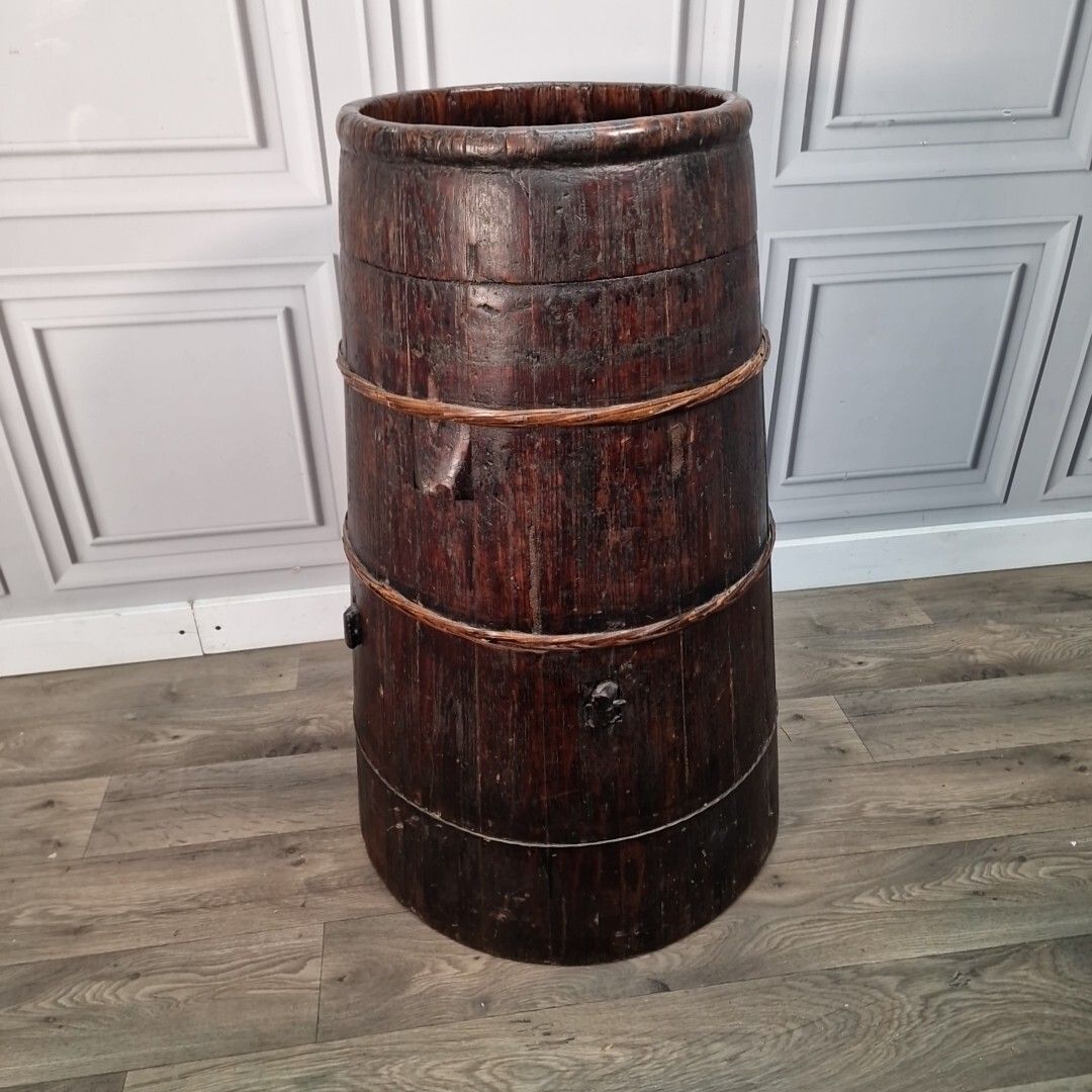 Antique Solid Wood Butter Barrel Plant Stick Umbrella Stand Chinese Baby Warmer photo Home Decor