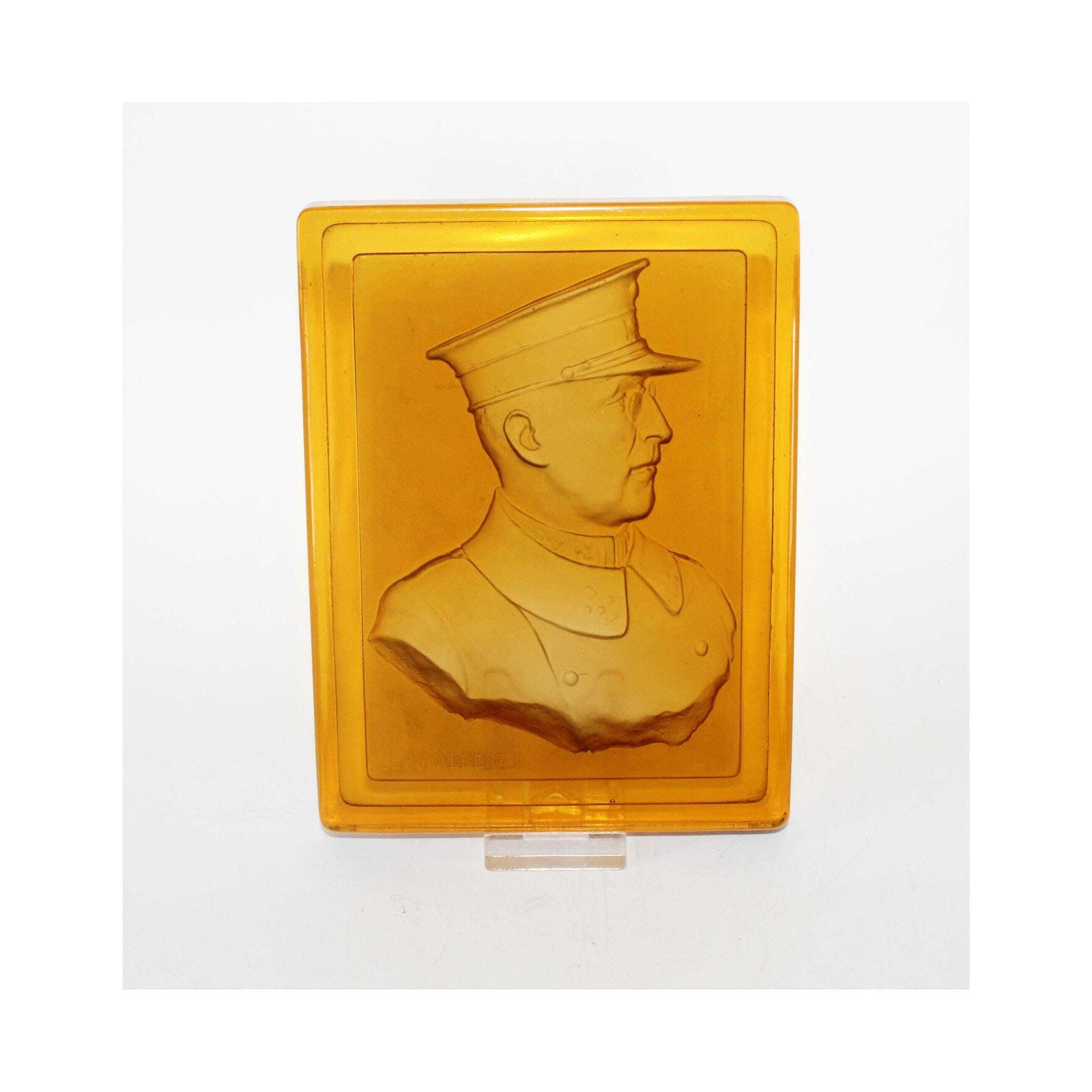 Antique Large Glass Tile With Belgium King Albert 1st, Val Saint Lambert Luxval, Amber Honey Gold Pressed Glass, Military Uniform Profile
