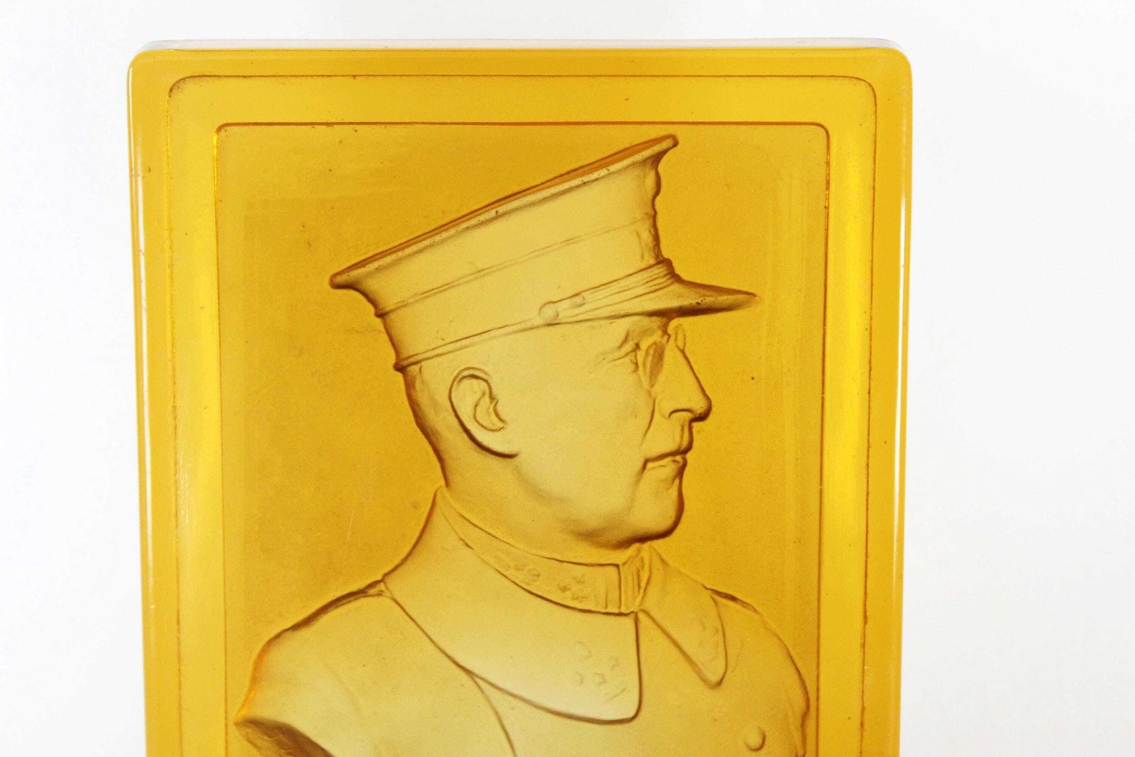 Antique Large Glass Tile With Belgium King Albert 1st, Val Saint Lambert Luxval, Amber Honey Gold Pressed Glass, Military Uniform Profile photo furniture