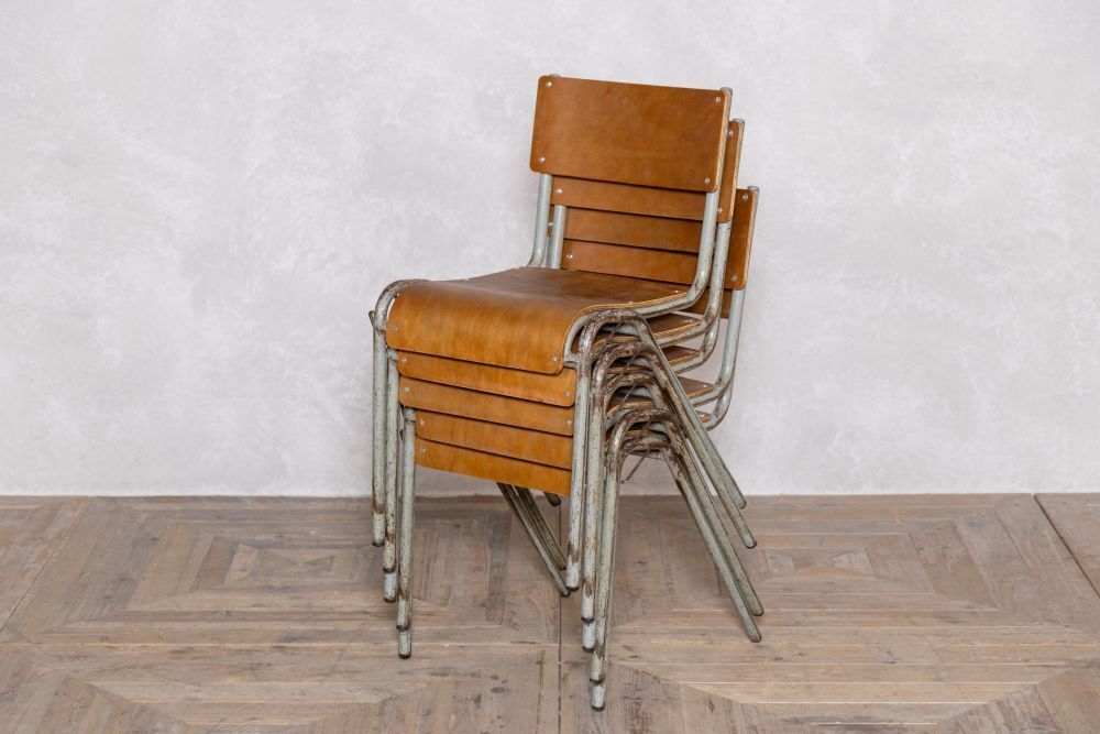 Set Of 8 Vintage Stacking Chairs With Plywood Seat & Back photo for sale