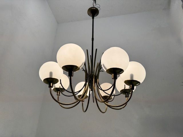photo furniture Large Brass Chandelier With White Glass Shades, Italy, 1960s