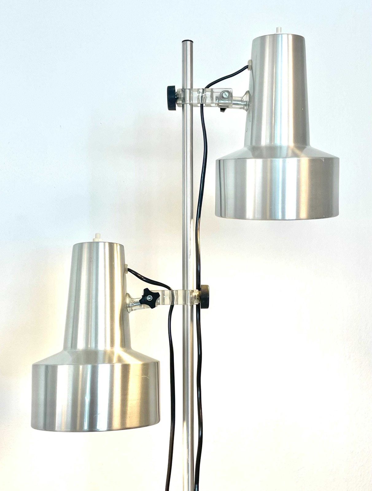 Danish Vintage Mid Century Minimalist Design Floor Lamp In Silver Aluminium With Adjustable Twin Shades And Cool Plastic Details photo Lighting