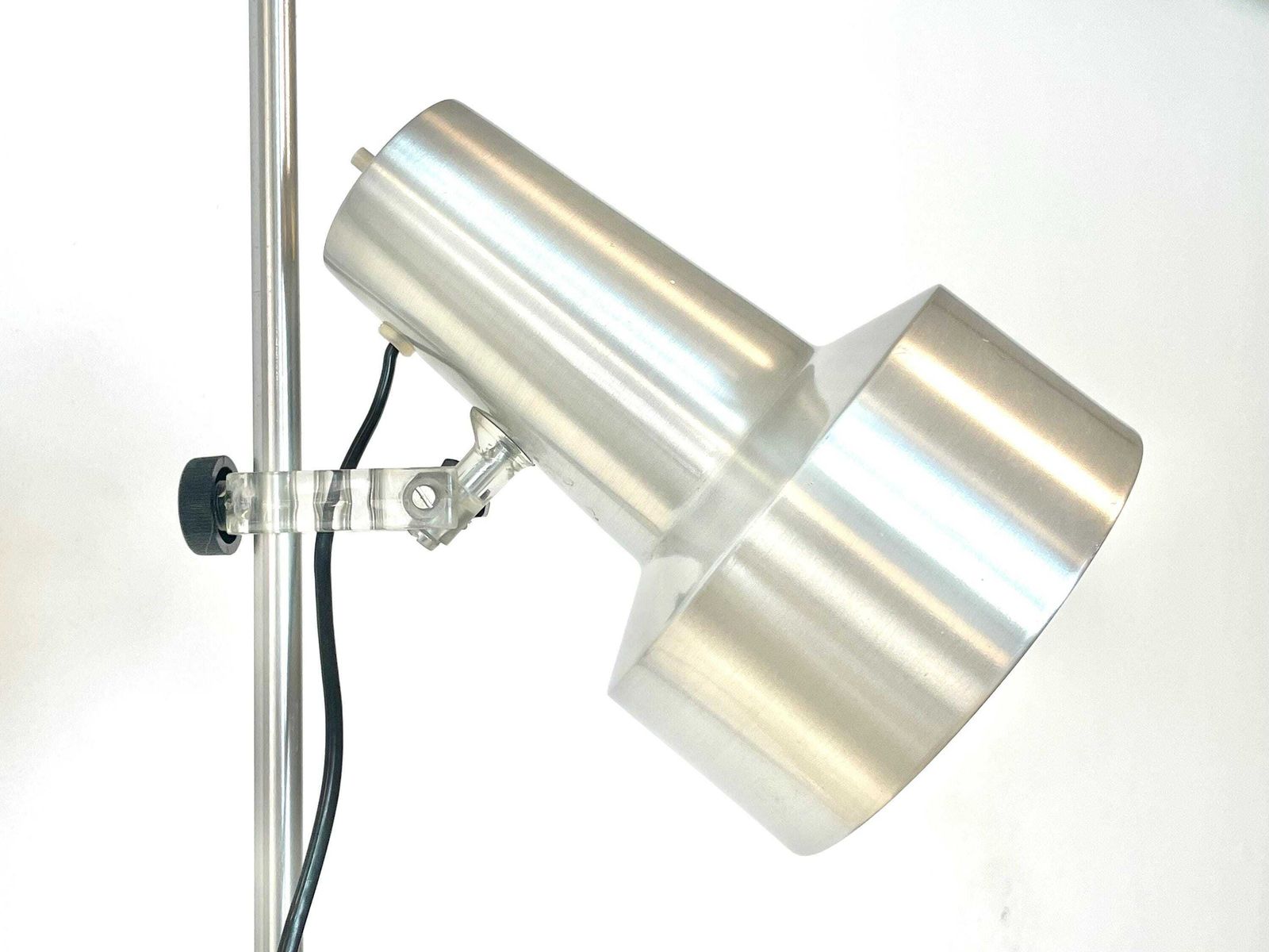 Danish Vintage Mid Century Minimalist Design Floor Lamp In Silver Aluminium With Adjustable Twin Shades And Cool Plastic Details photo vinterior