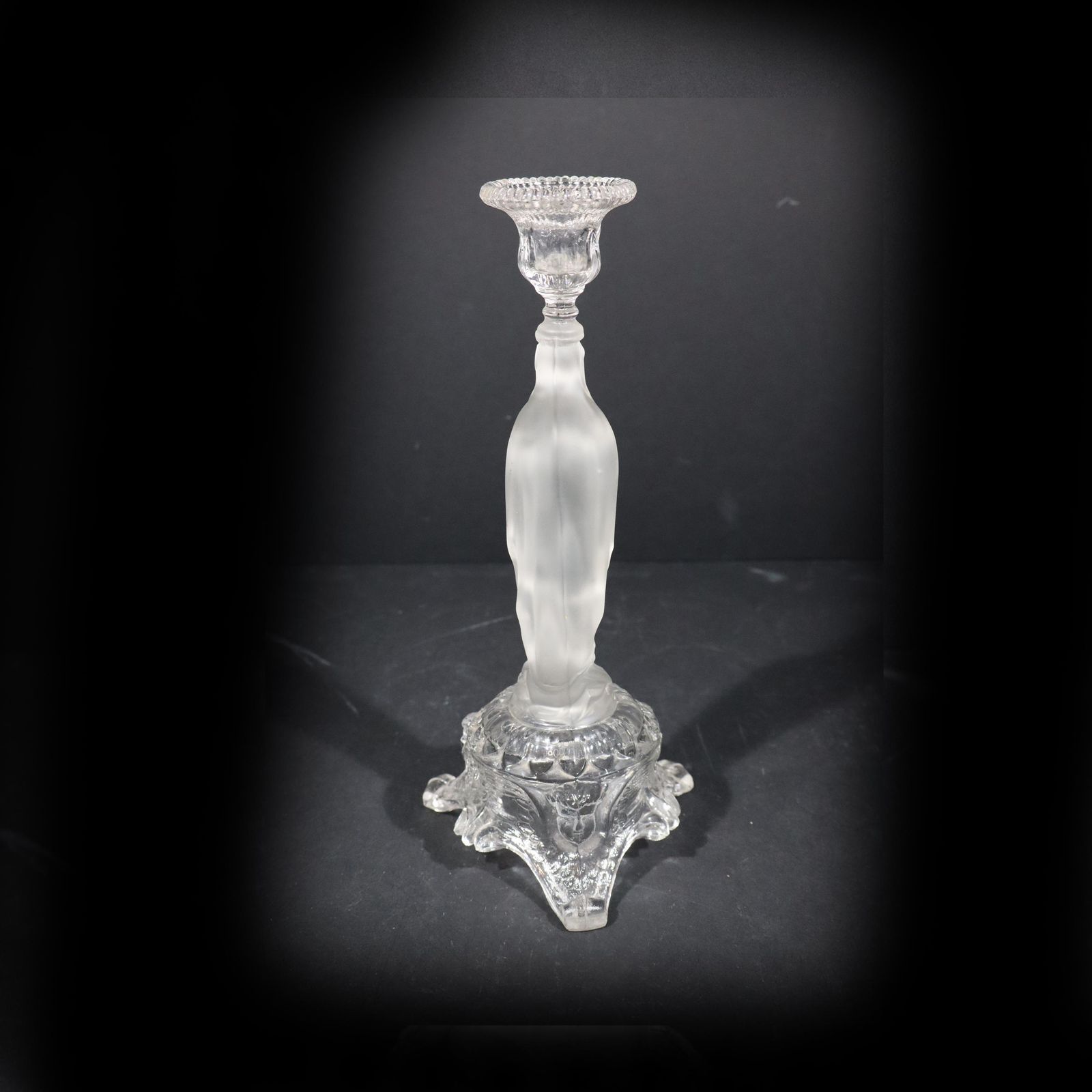 French Virgin Mary Statue Candle Holder Vintage Frosted Satin Glass Our Lady Candlestick photo vinterior