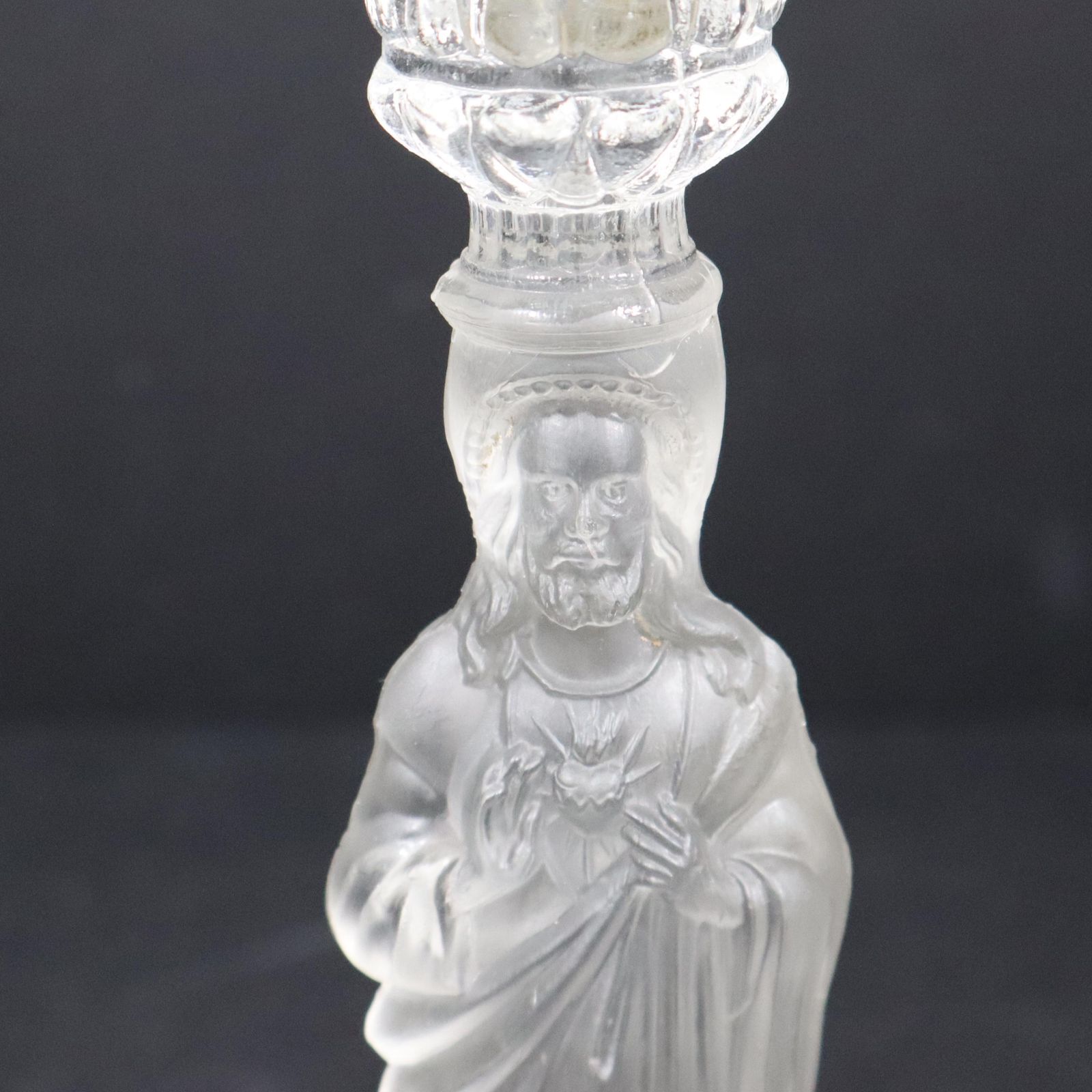 Art Deco Sacred Heart Jesus Statue Candle Holder Antique Frosted Satin Glass Candlestick Religious Altar photo vinterior